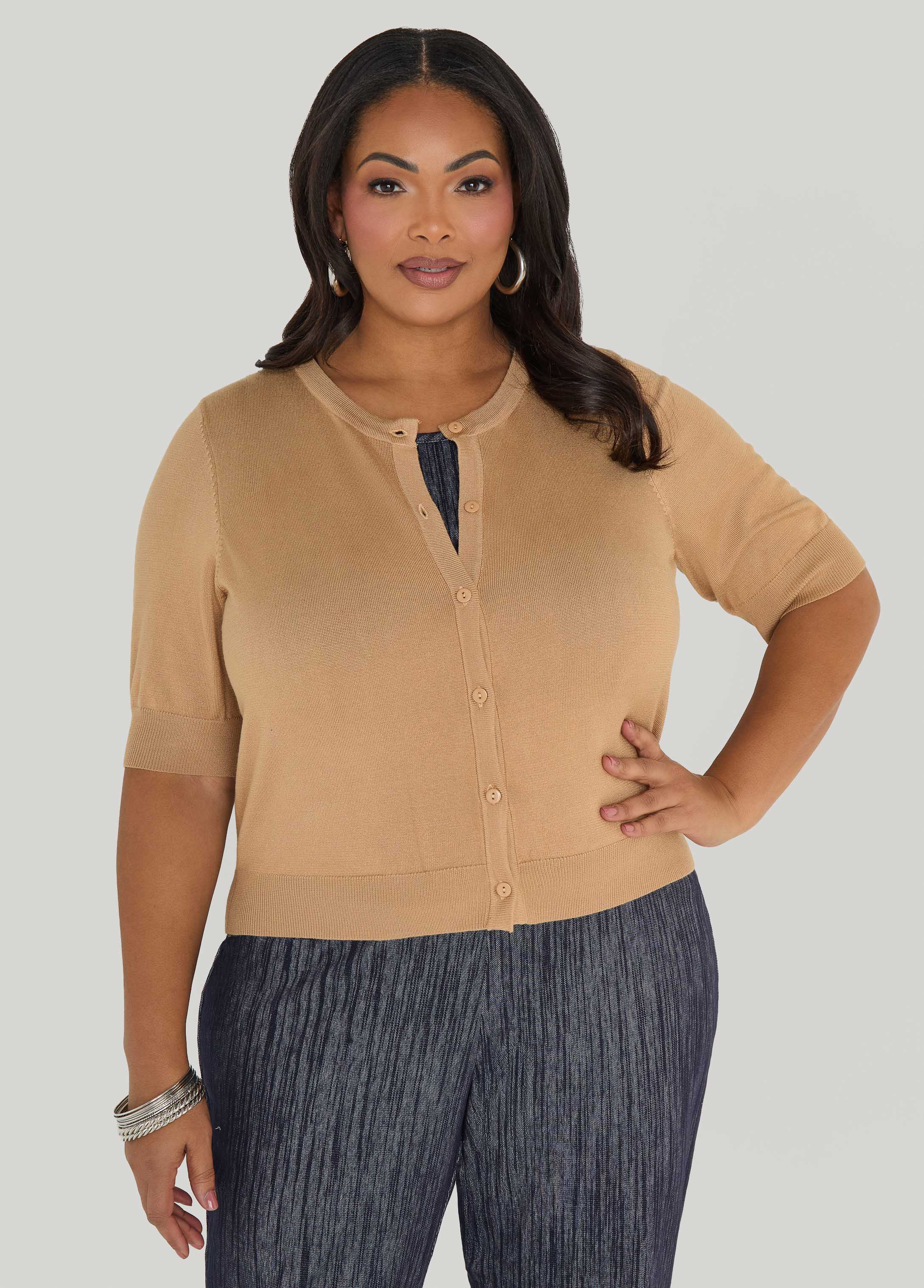 Cropped Knit Cardigan White | Ashley Stewart