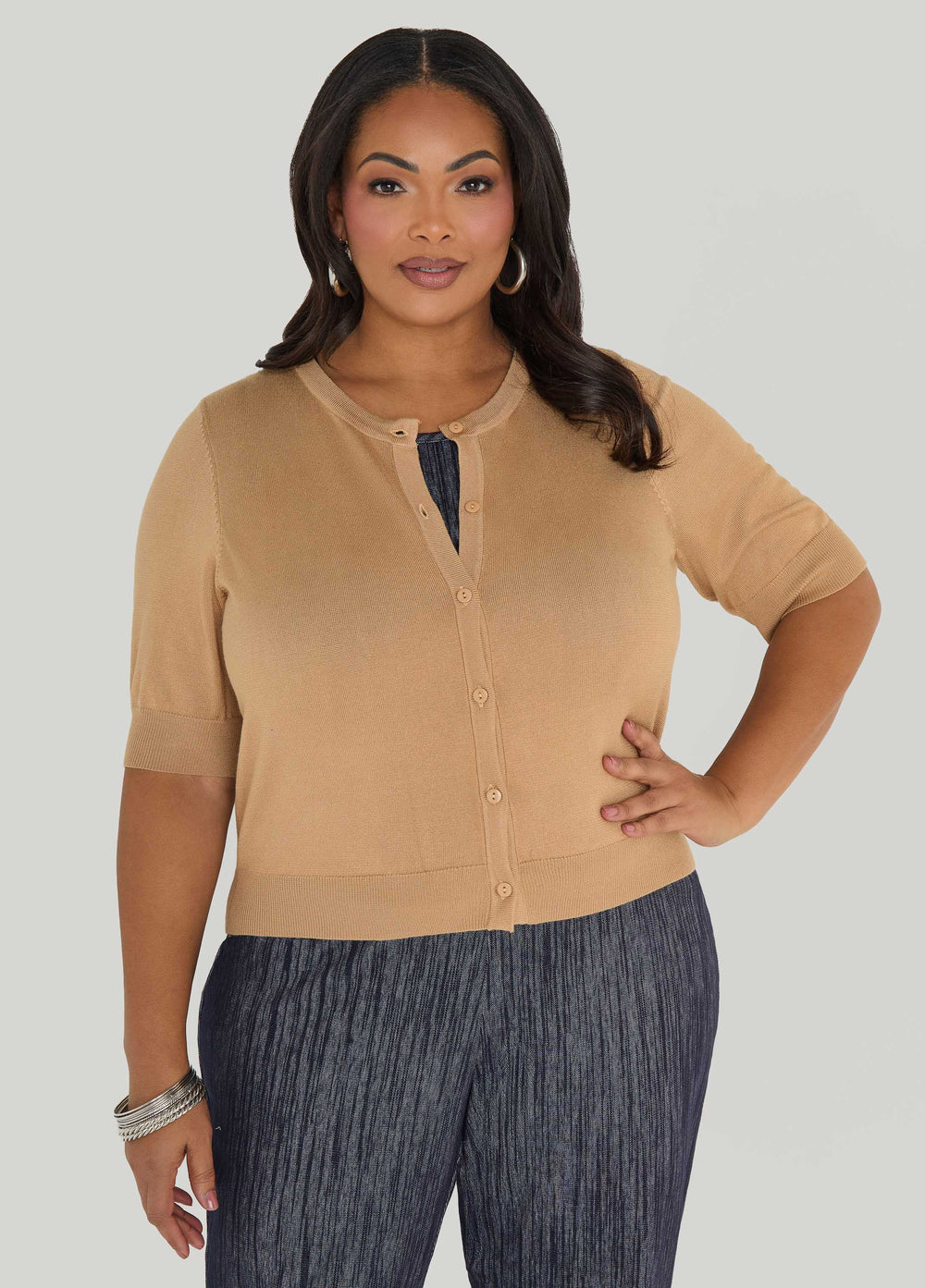 Cropped Knit Cardigan White | Ashley Stewart