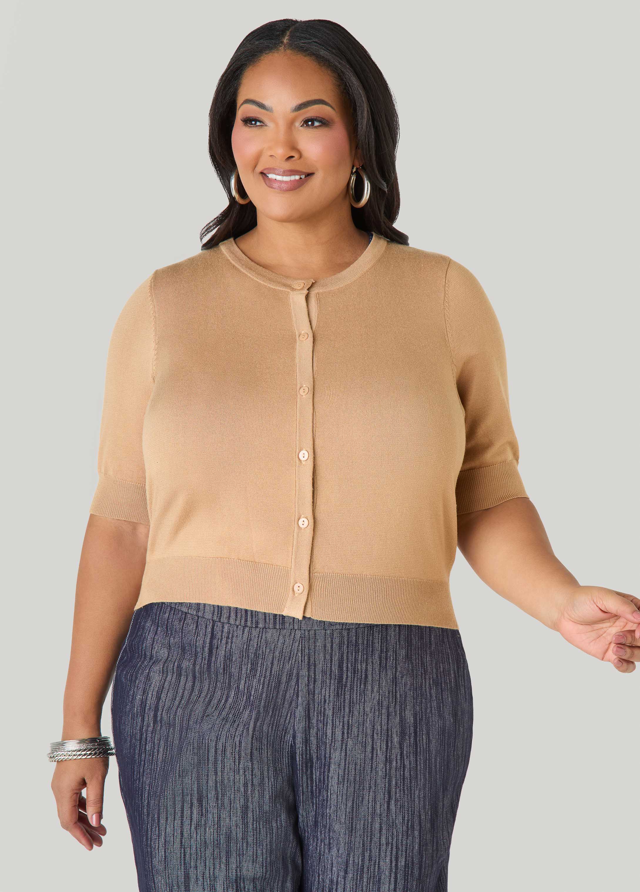 Cropped Knit Cardigan White | Ashley Stewart