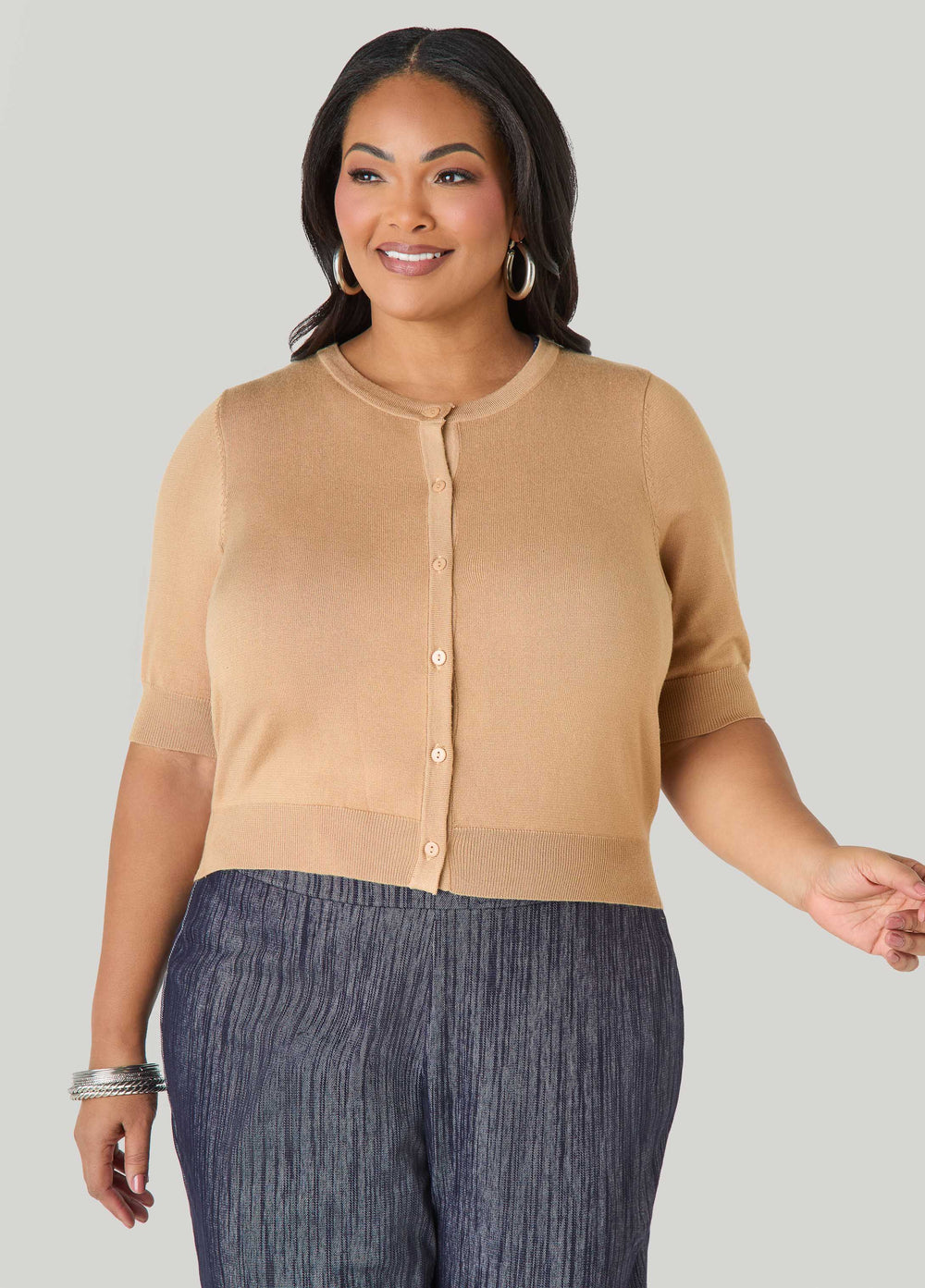 Cropped Knit Cardigan White | Ashley Stewart