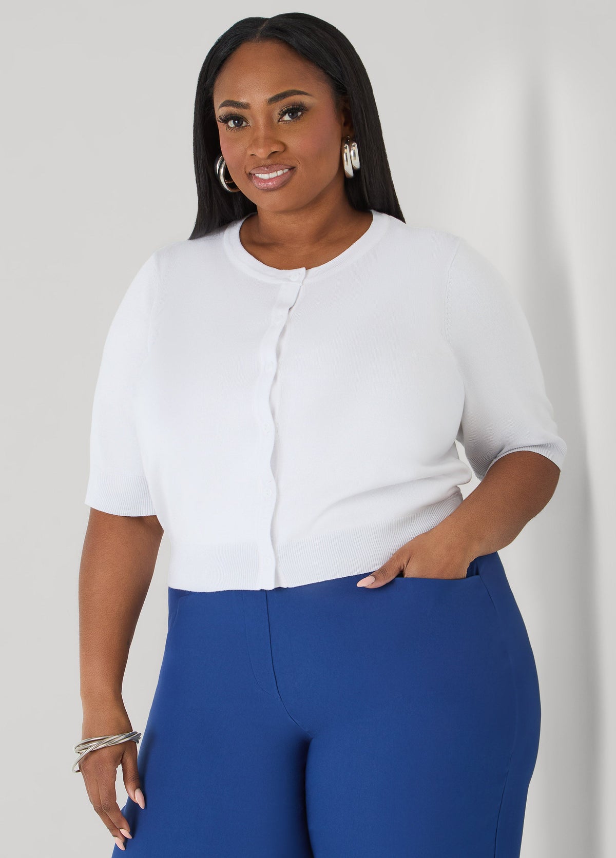 Cropped Knit Cardigan White | Ashley Stewart