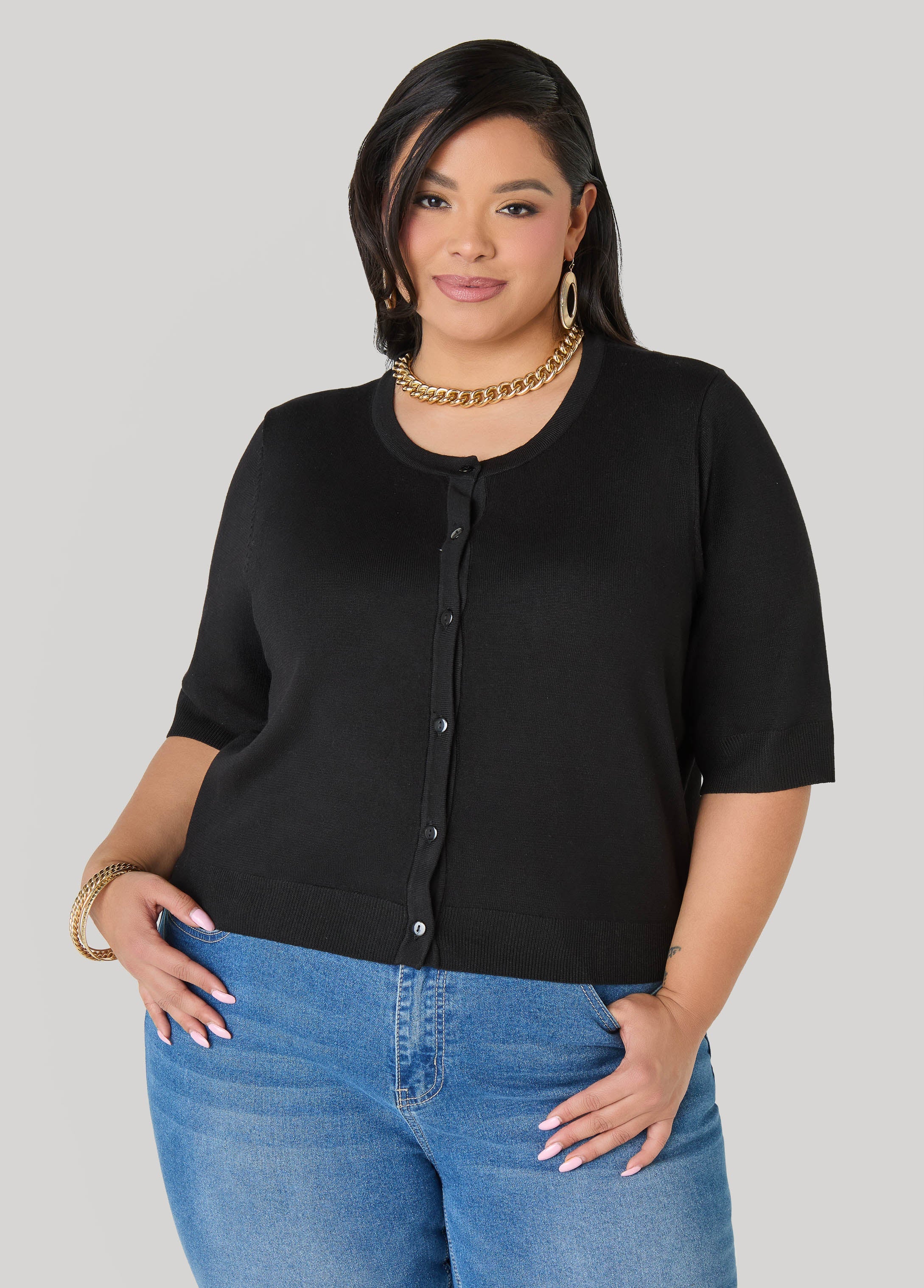 Cropped Knit Cardigan White | Ashley Stewart