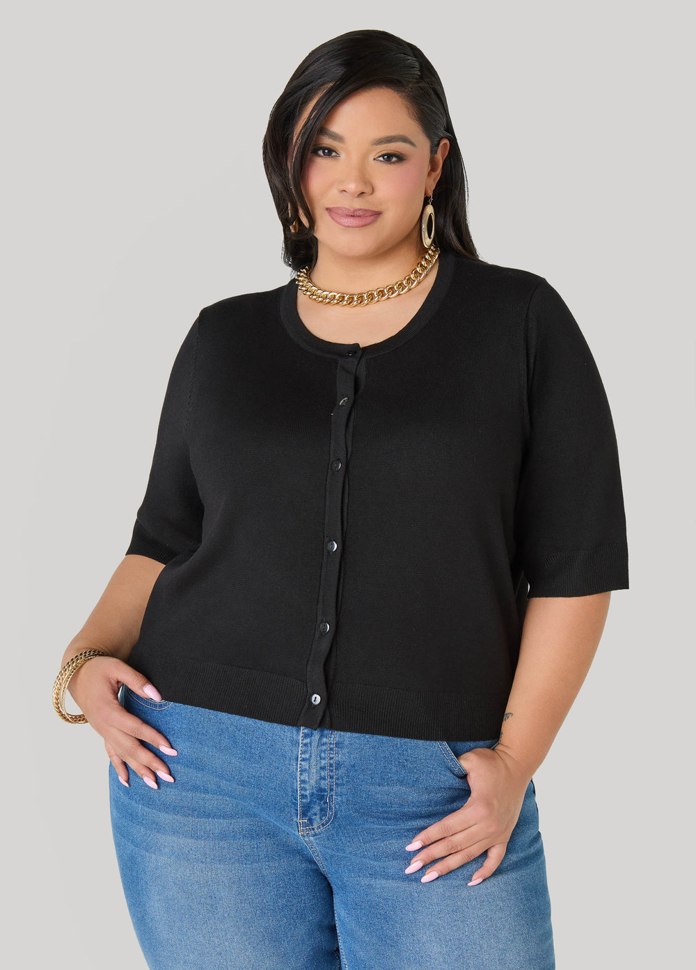 Cropped Knit Cardigan White | Ashley Stewart