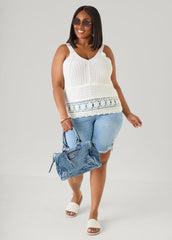 Crochet V Neck Top White | Ashley Stewart