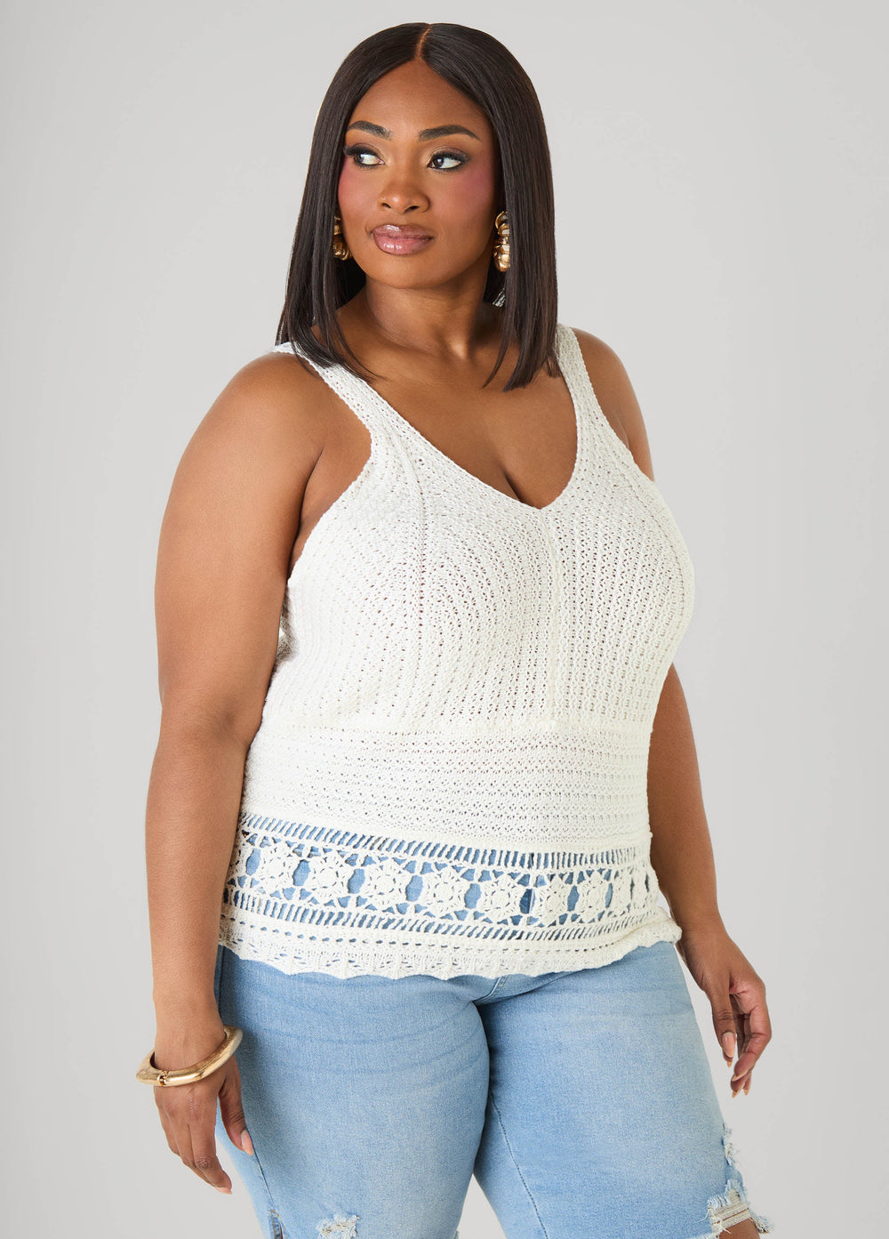 Crochet V Neck Top White | Ashley Stewart
