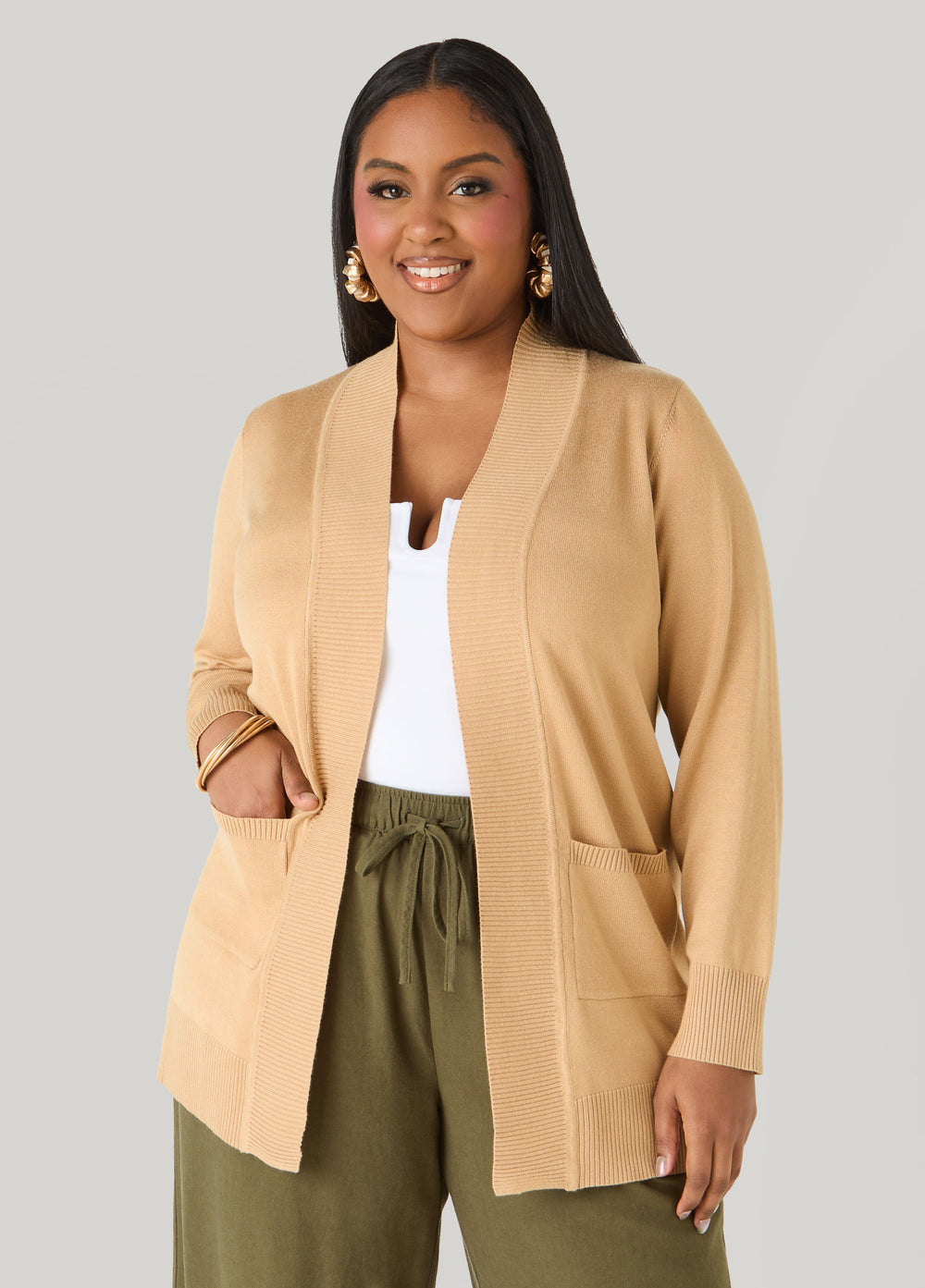 Open Front Cardigan Calypso Coral | Ashley Stewart