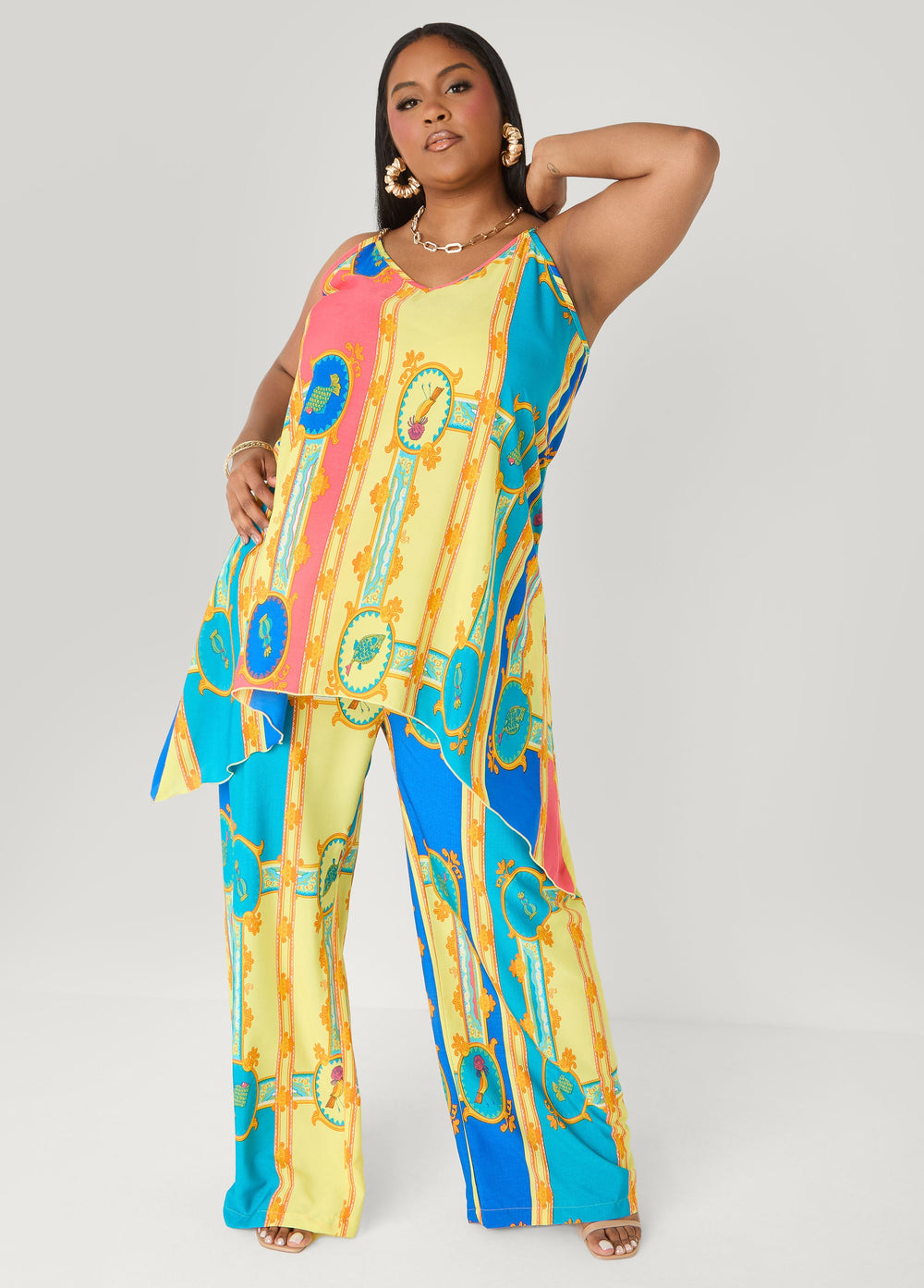 Chain Trimmed Scarf Print Top Multi | Ashley Stewart