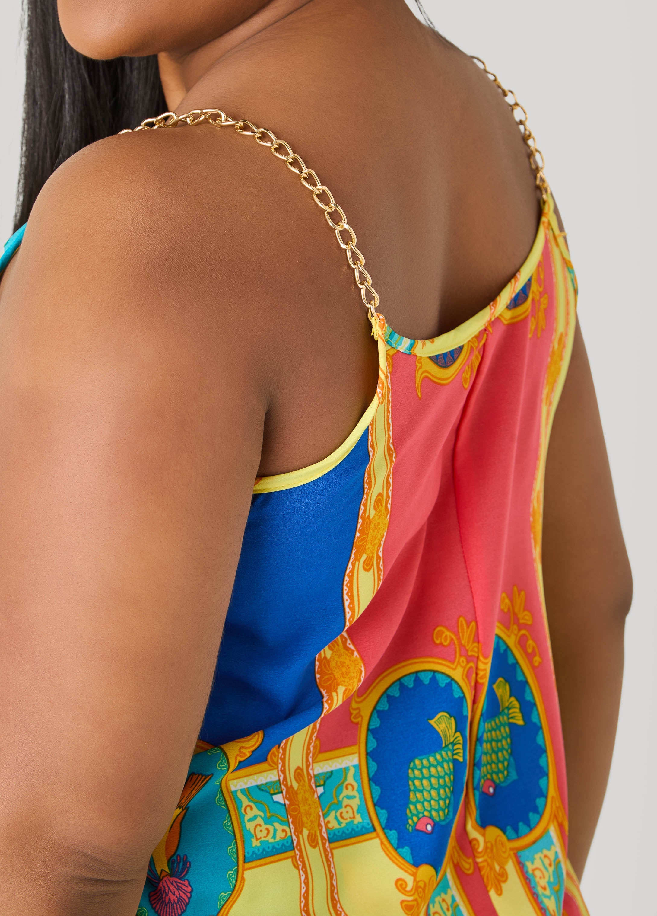 Chain Trimmed Scarf Print Top Multi | Ashley Stewart