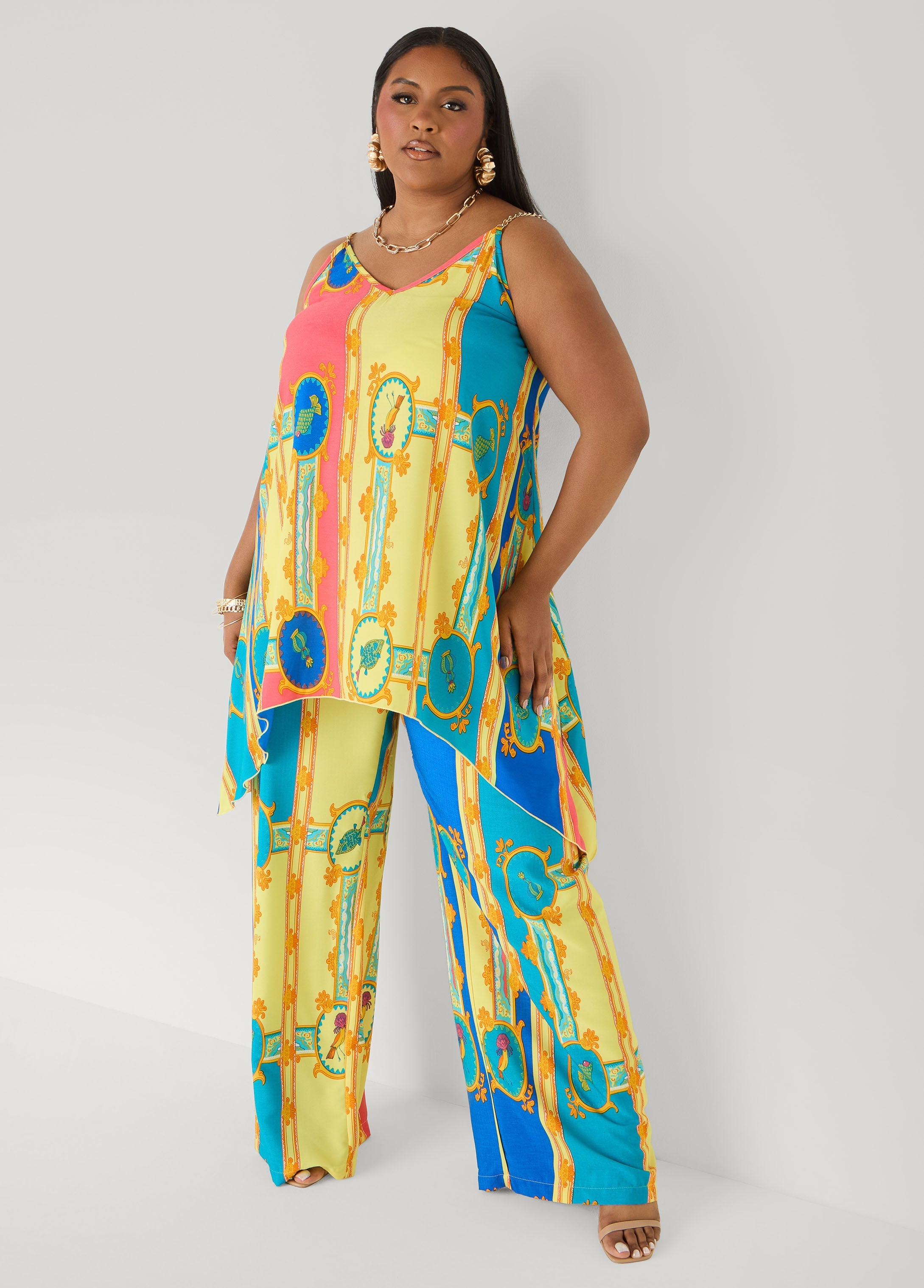 Chain Trimmed Scarf Print Top Multi | Ashley Stewart
