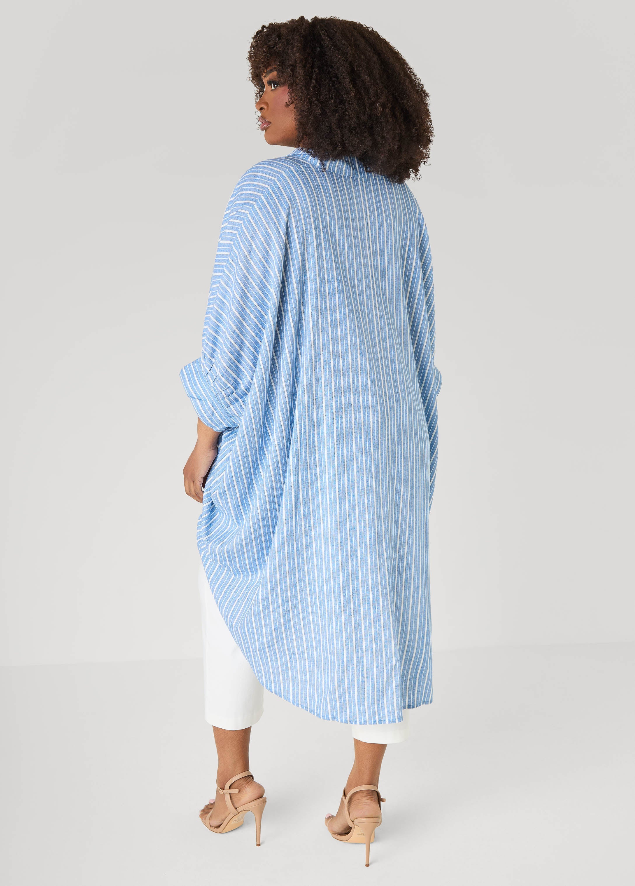Striped Hi Low Linen Blend Top Blue | Ashley Stewart
