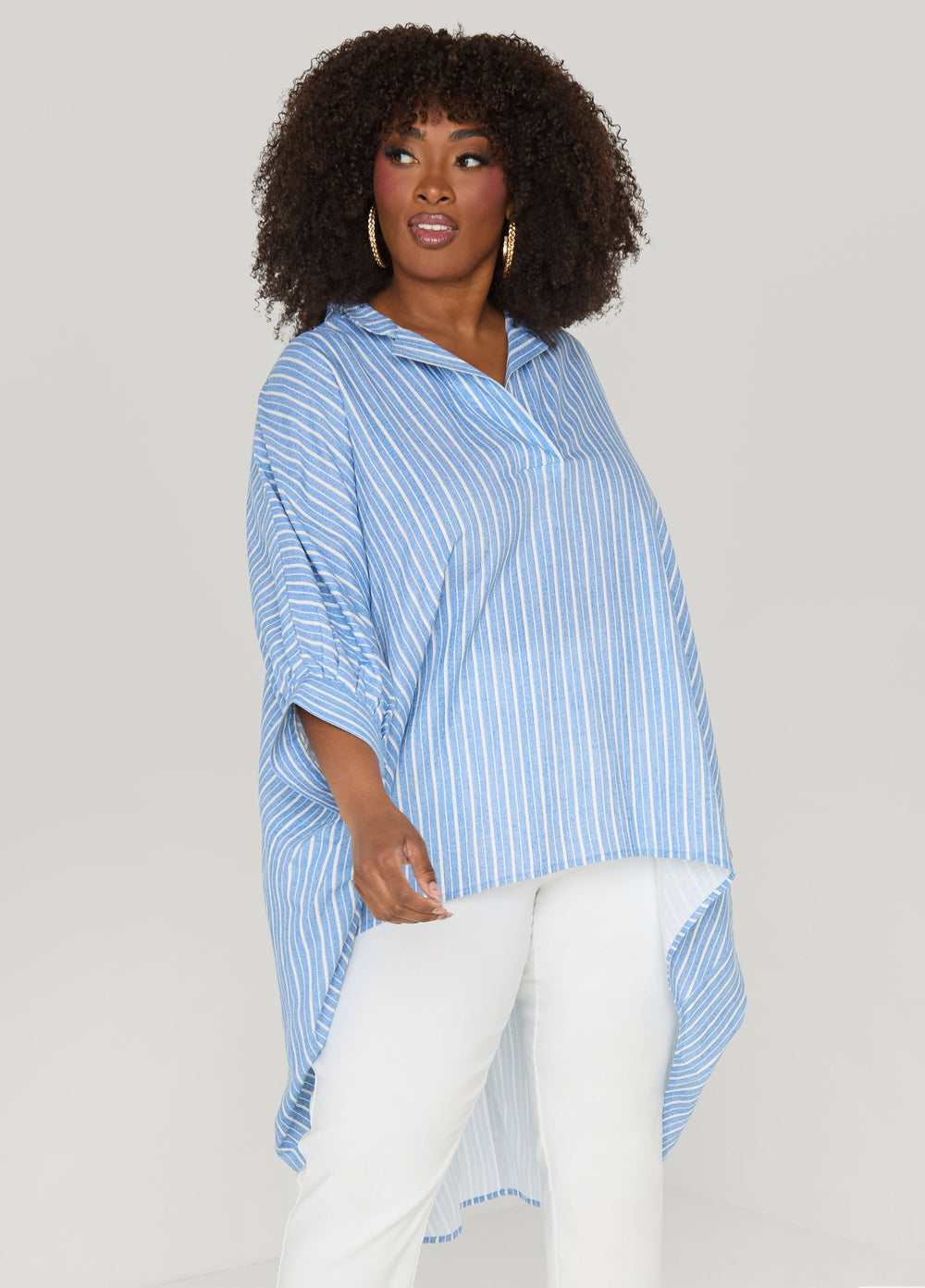 Striped Hi Low Linen Blend Top Blue | Ashley Stewart