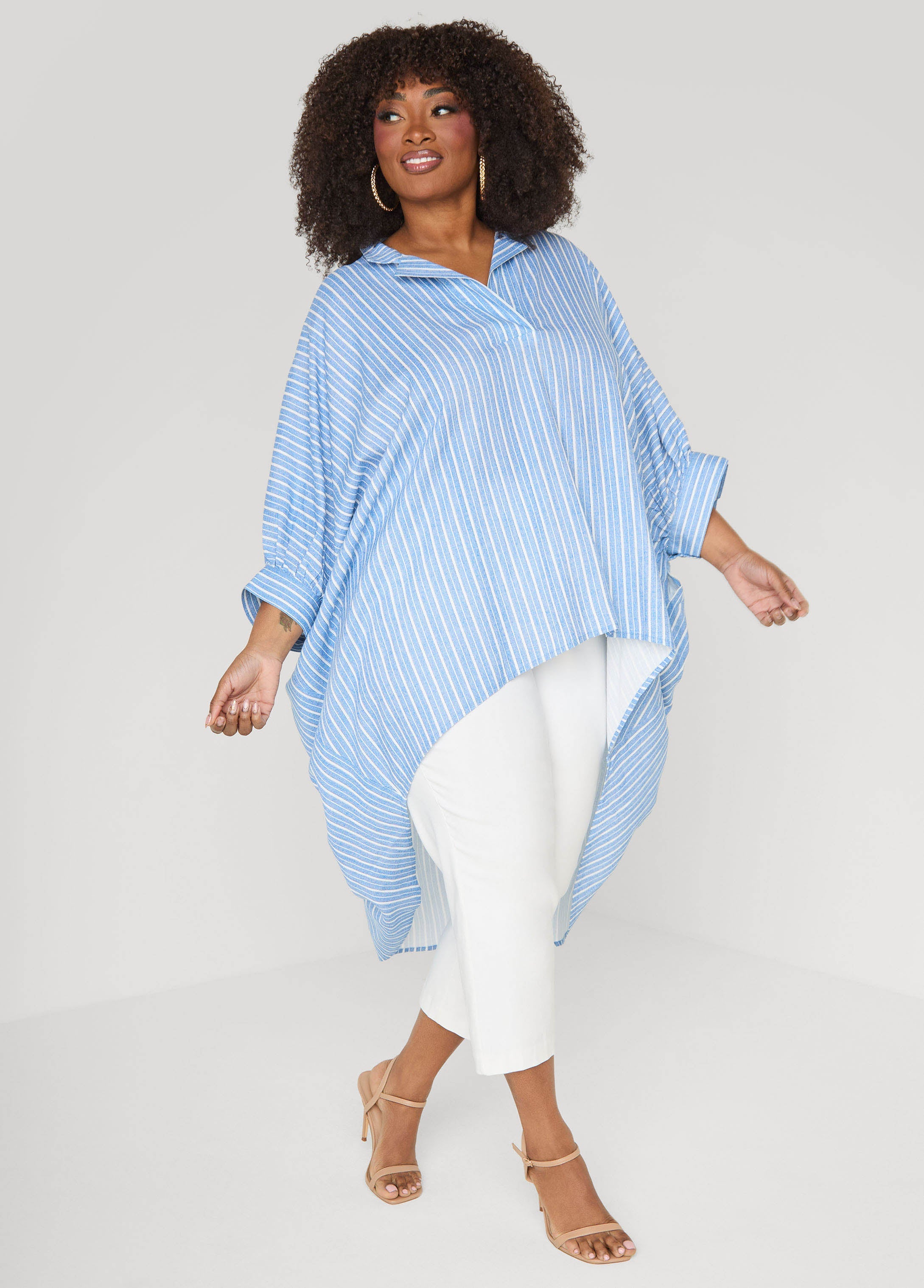 Striped Hi Low Linen Blend Top Blue | Ashley Stewart