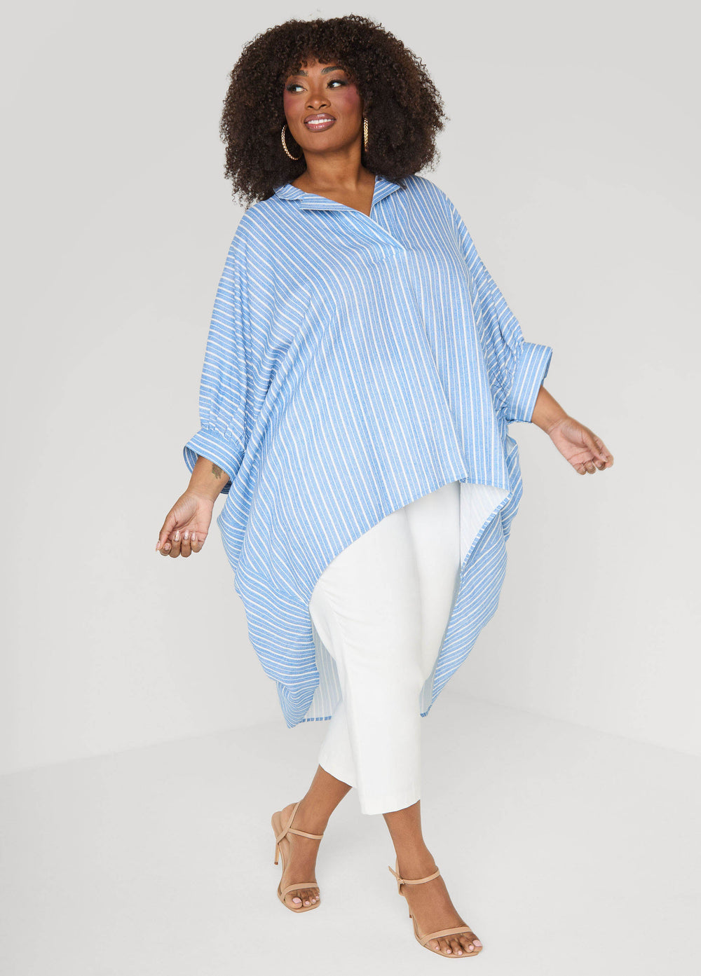 Striped Hi Low Linen Blend Top Blue | Ashley Stewart