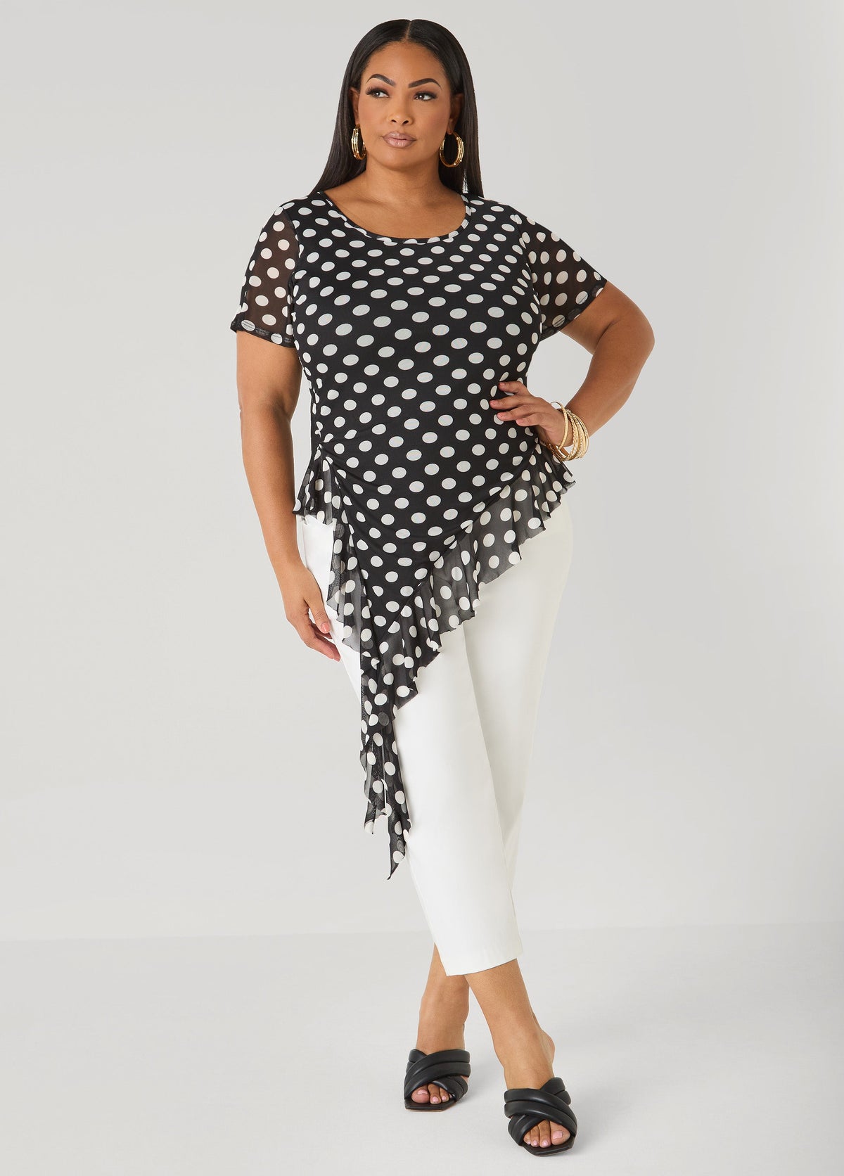 Ruffled Polka Dot Mesh Top Black White | Ashley Stewart