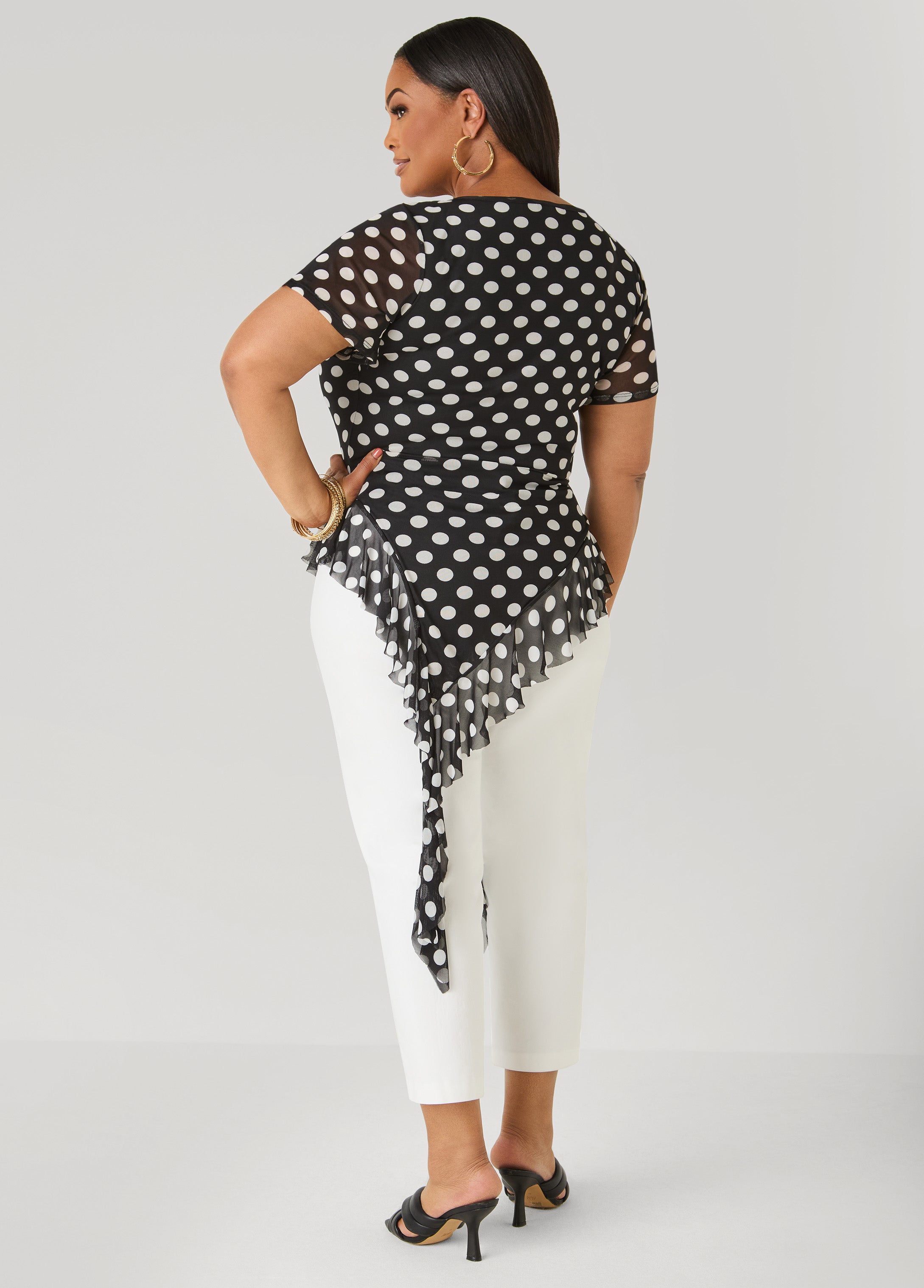 Ruffled Polka Dot Mesh Top Black White | Ashley Stewart