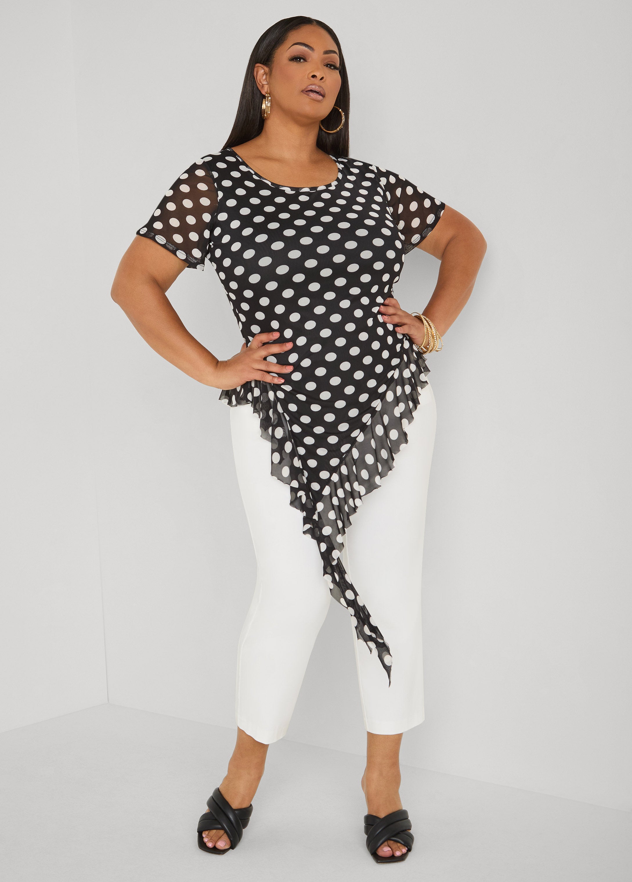 Ruffled Polka Dot Mesh Top Black White | Ashley Stewart