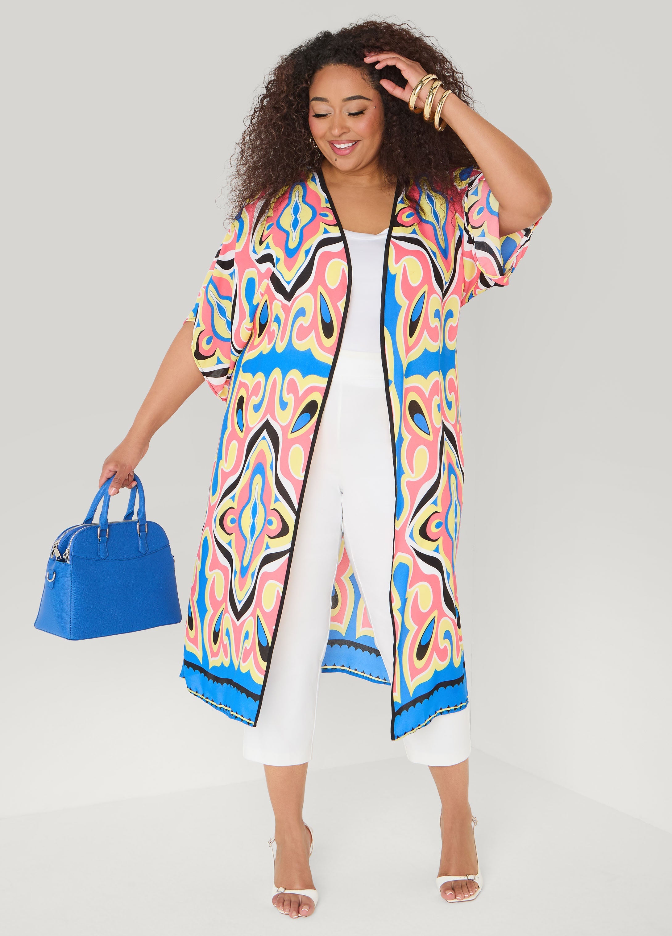 Abstract Print Open Front Kimono Calypso Coral | Ashley Stewart