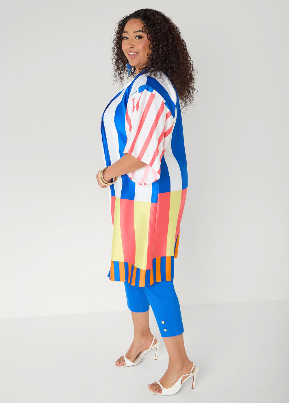 Striped Satin Kimono Victoria Blue | Ashley Stewart