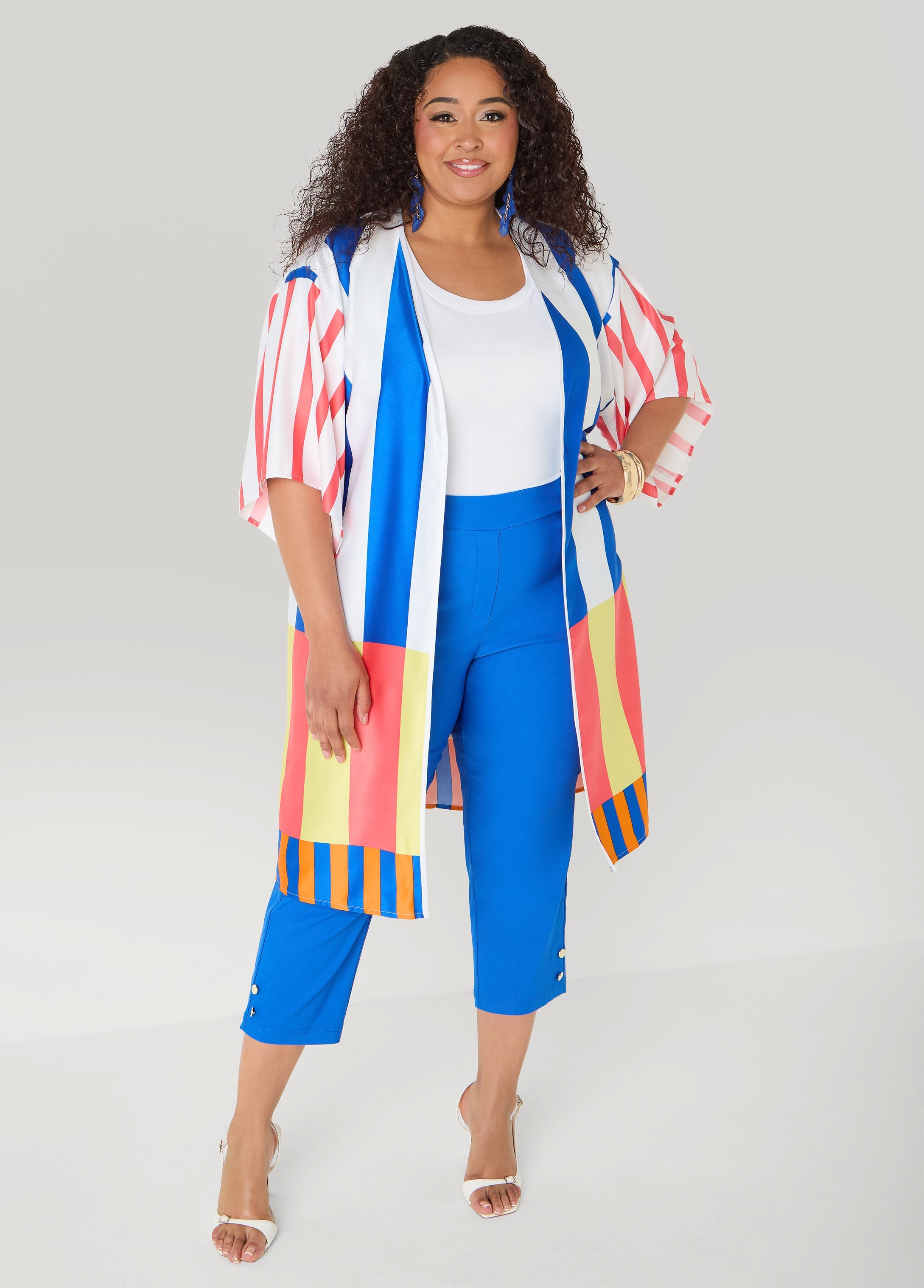 Striped Satin Kimono Victoria Blue | Ashley Stewart
