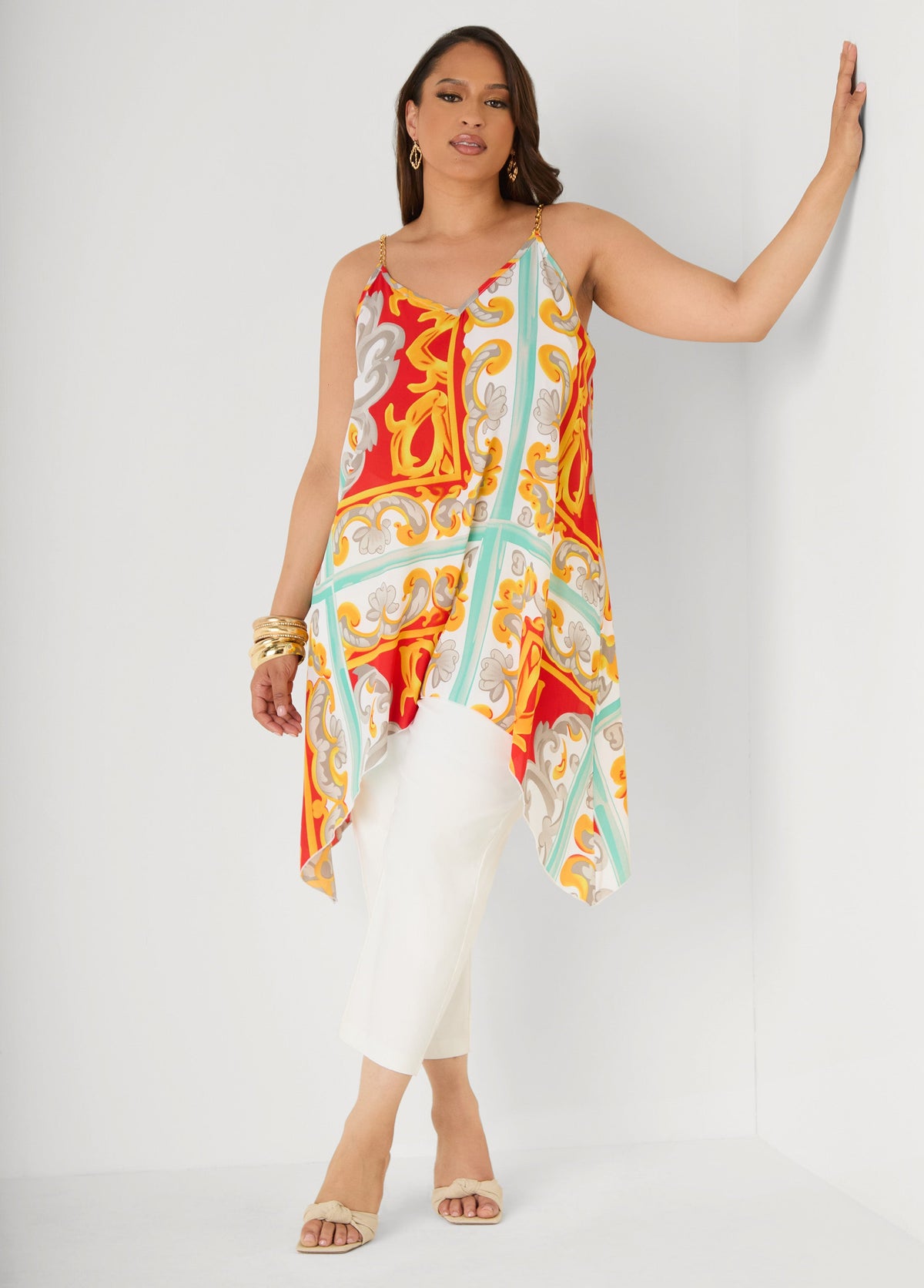 Printed Chain Trimmed Top Poinsettia | Ashley Stewart