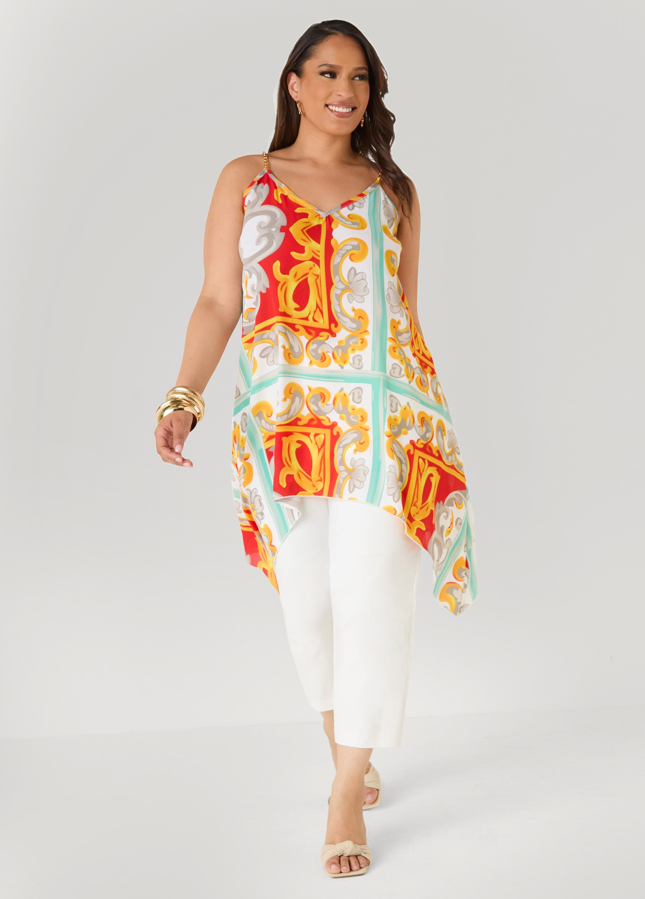 Printed Chain Trimmed Top Poinsettia | Ashley Stewart