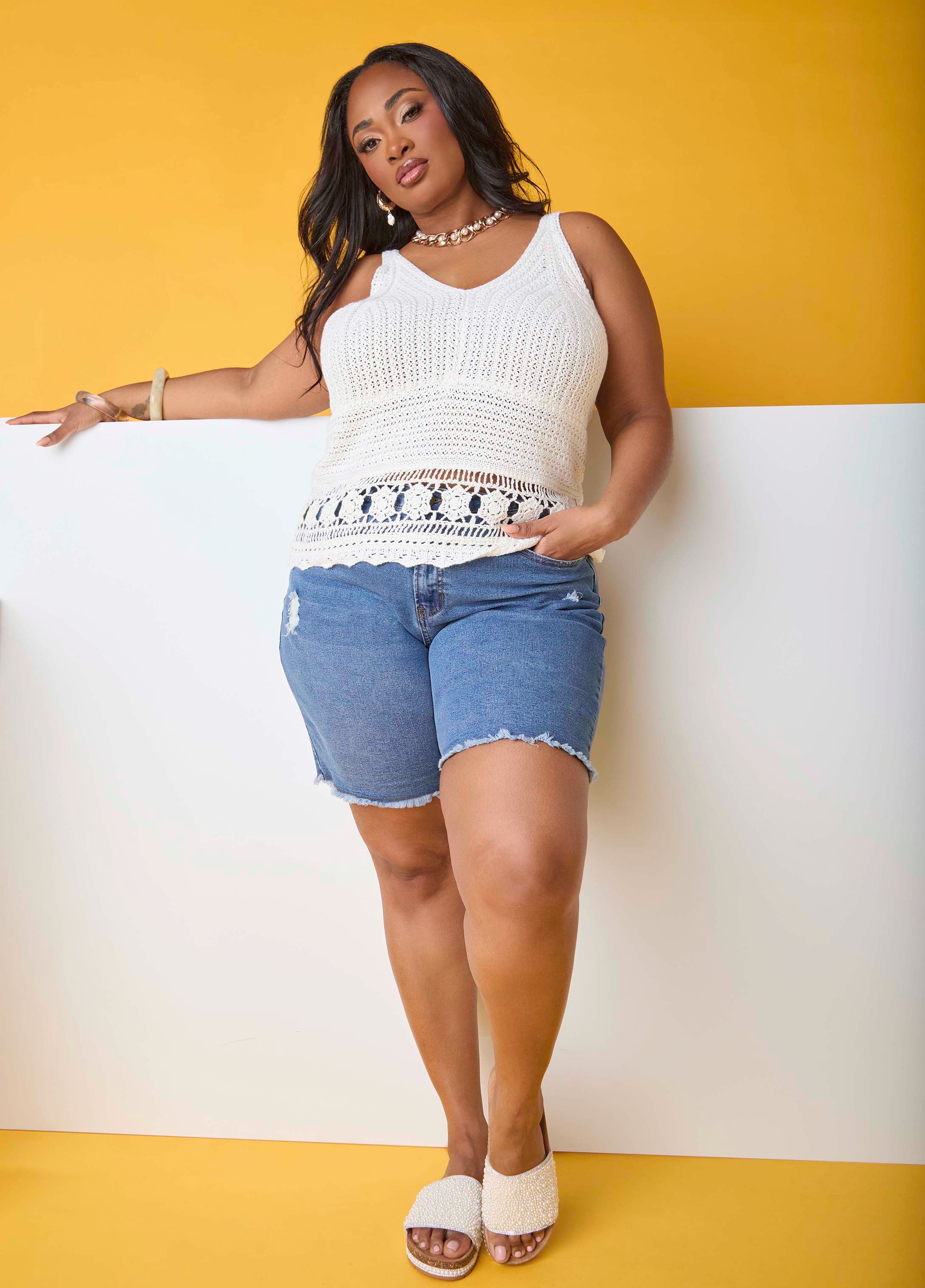 Fearless Distressed Denim Shorts White | Ashley Stewart