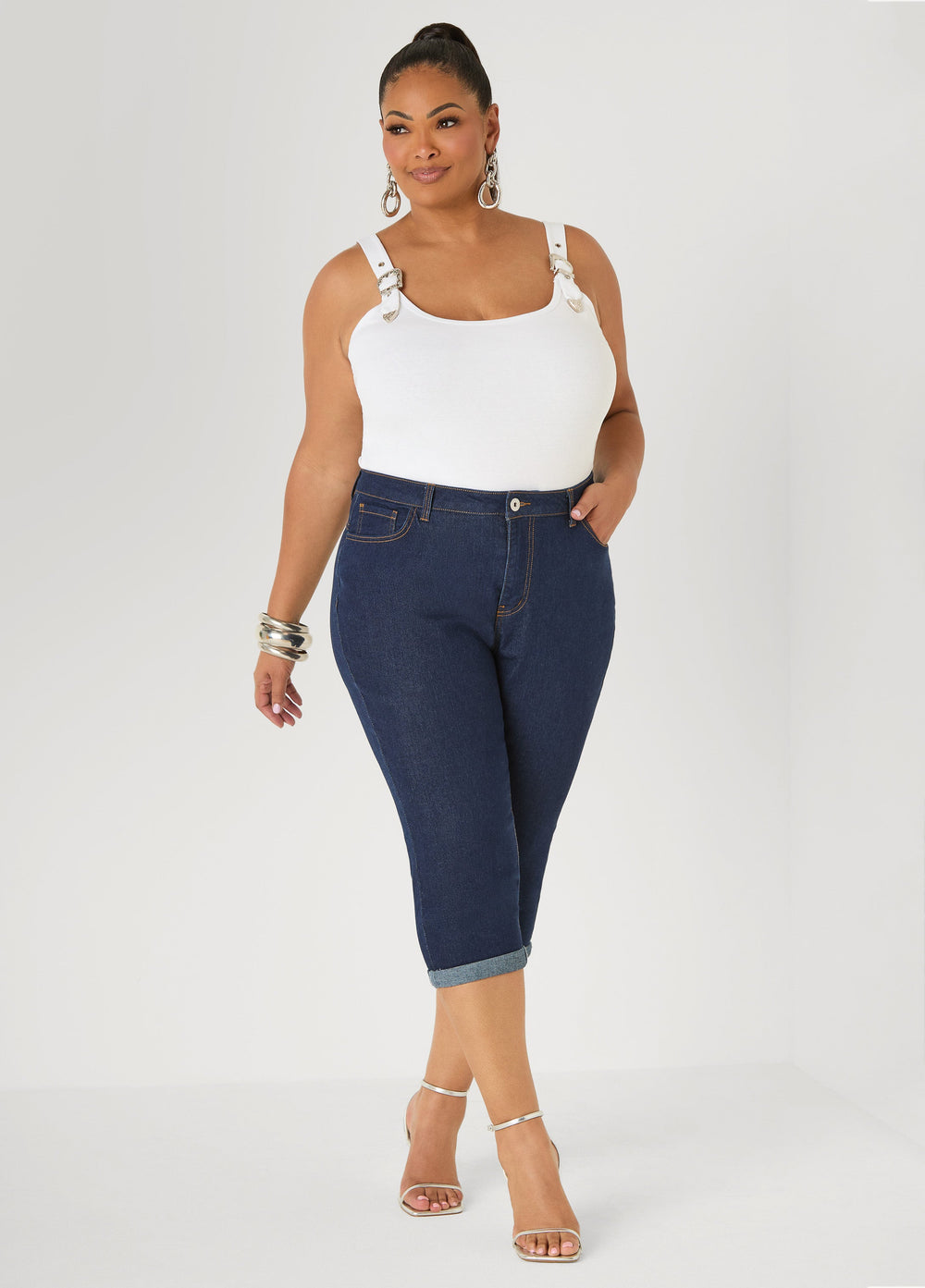 Cuffed Stretch Denim Capris White | Ashley Stewart
