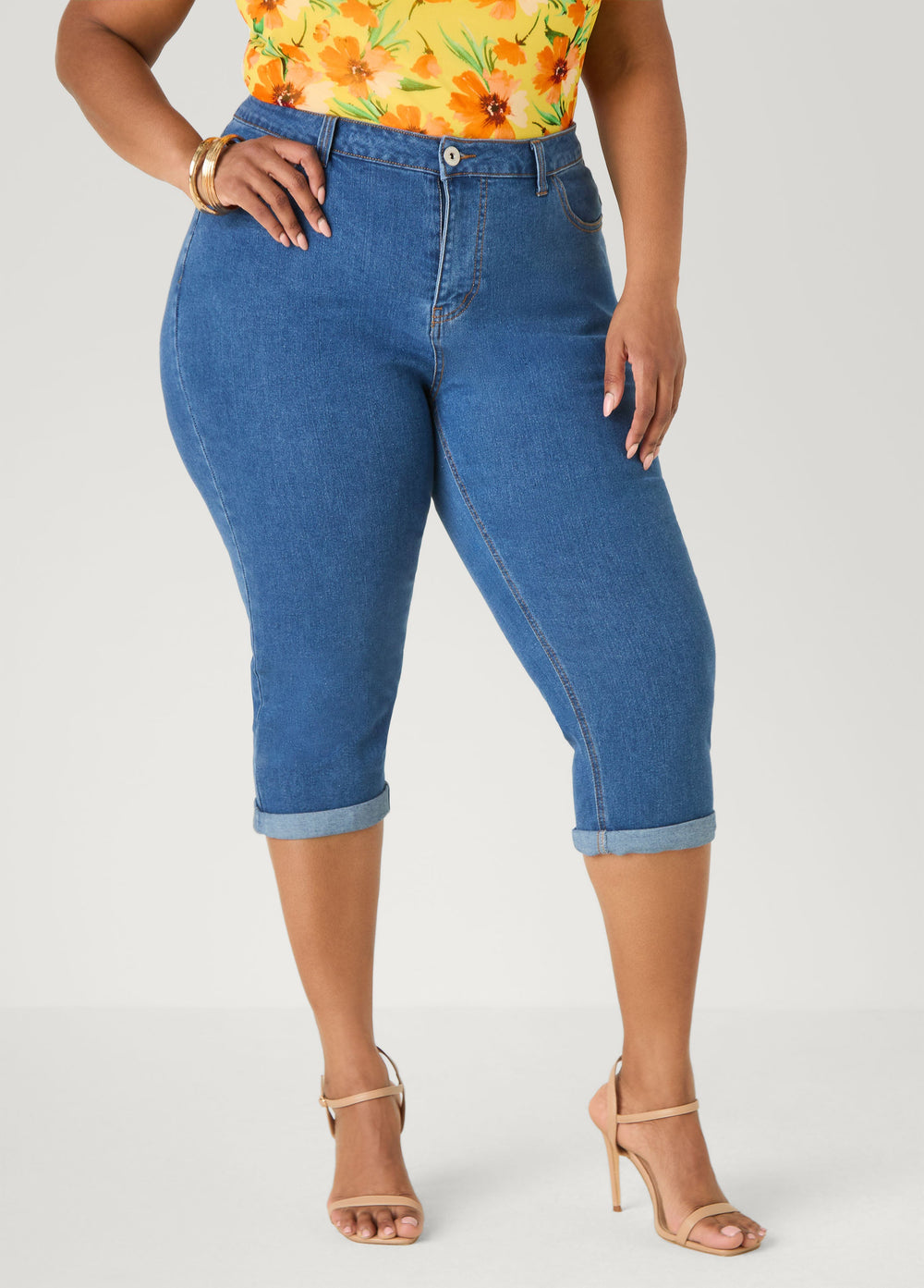 Cuffed Stretch Denim Capris White | Ashley Stewart