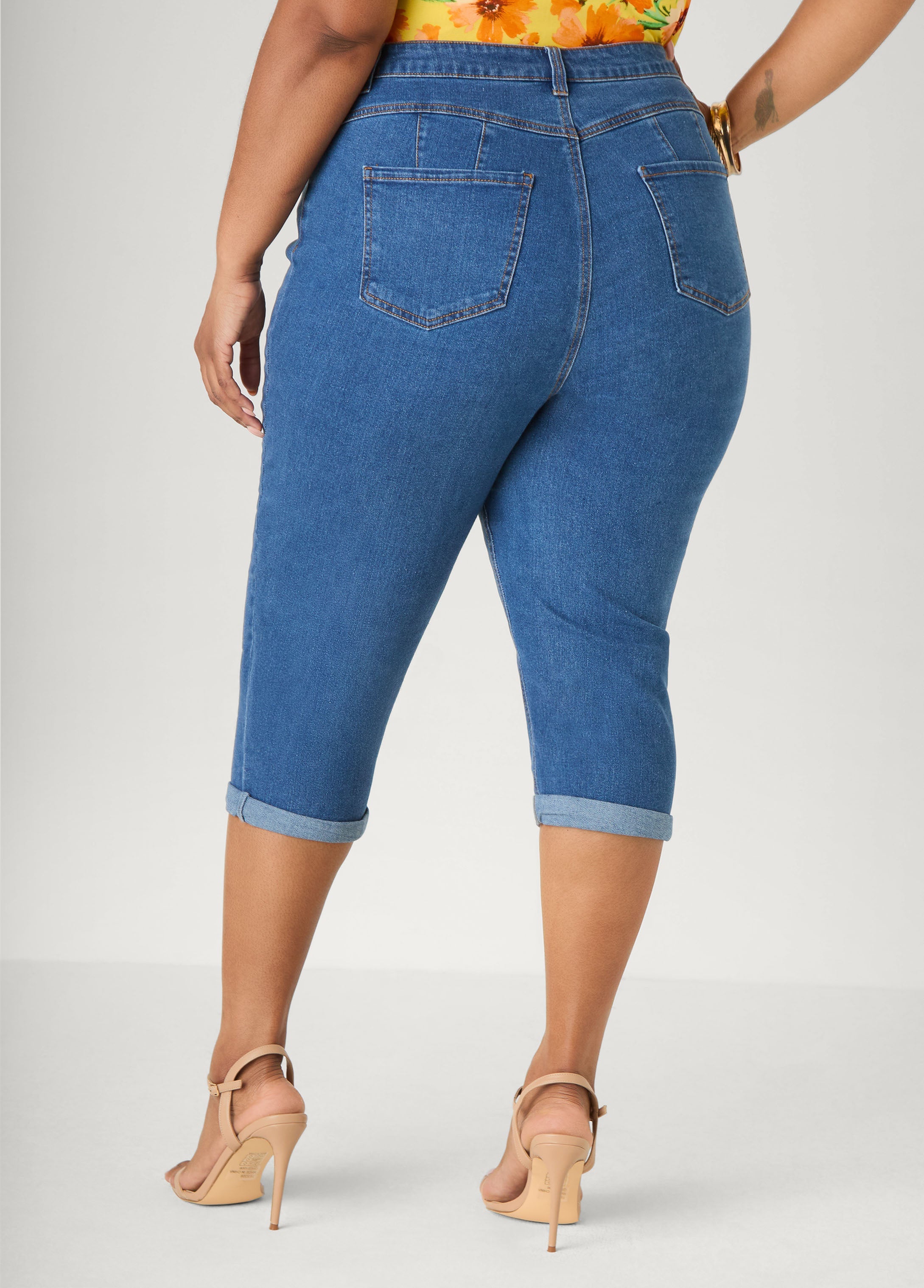 Cuffed Stretch Denim Capris White | Ashley Stewart
