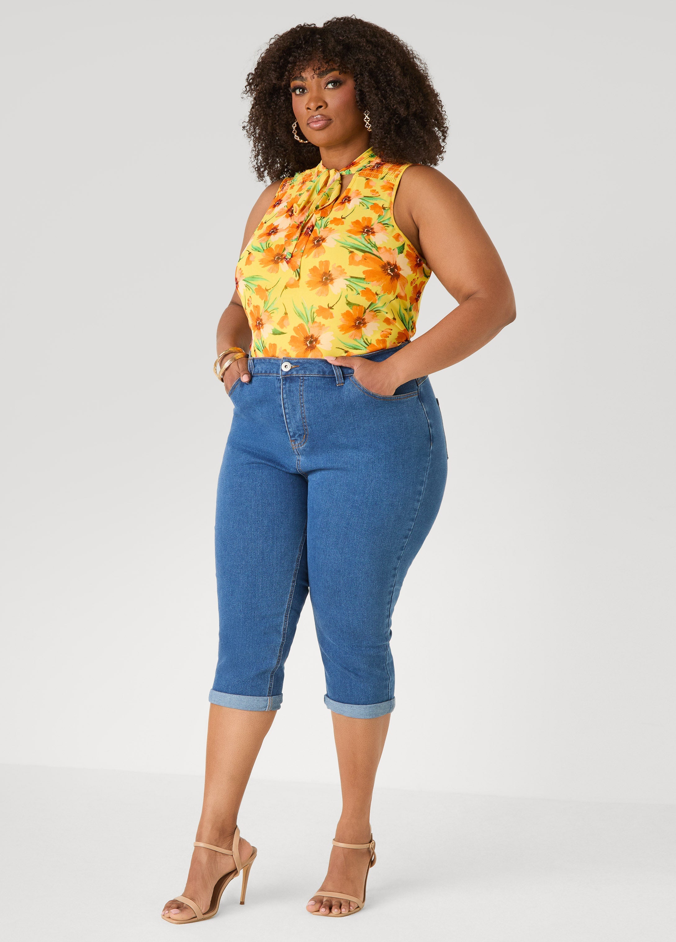Cuffed Stretch Denim Capris White | Ashley Stewart