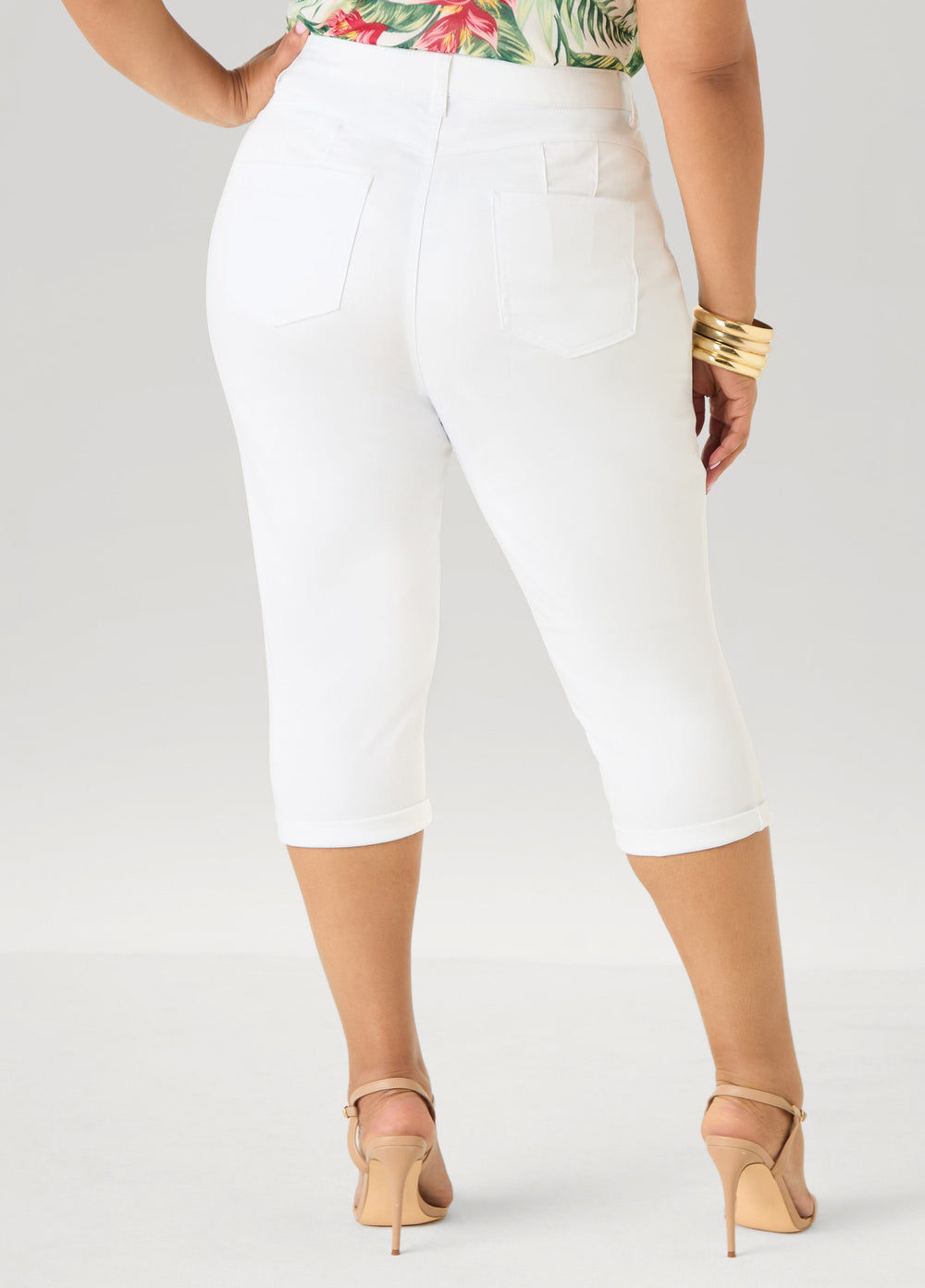Cuffed Stretch Denim Capris White | Ashley Stewart