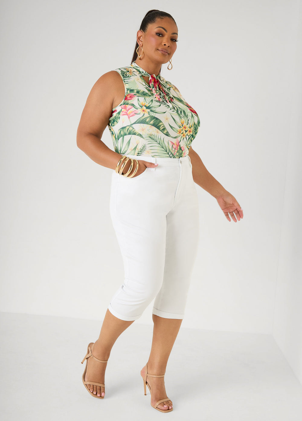 Cuffed Stretch Denim Capris White | Ashley Stewart