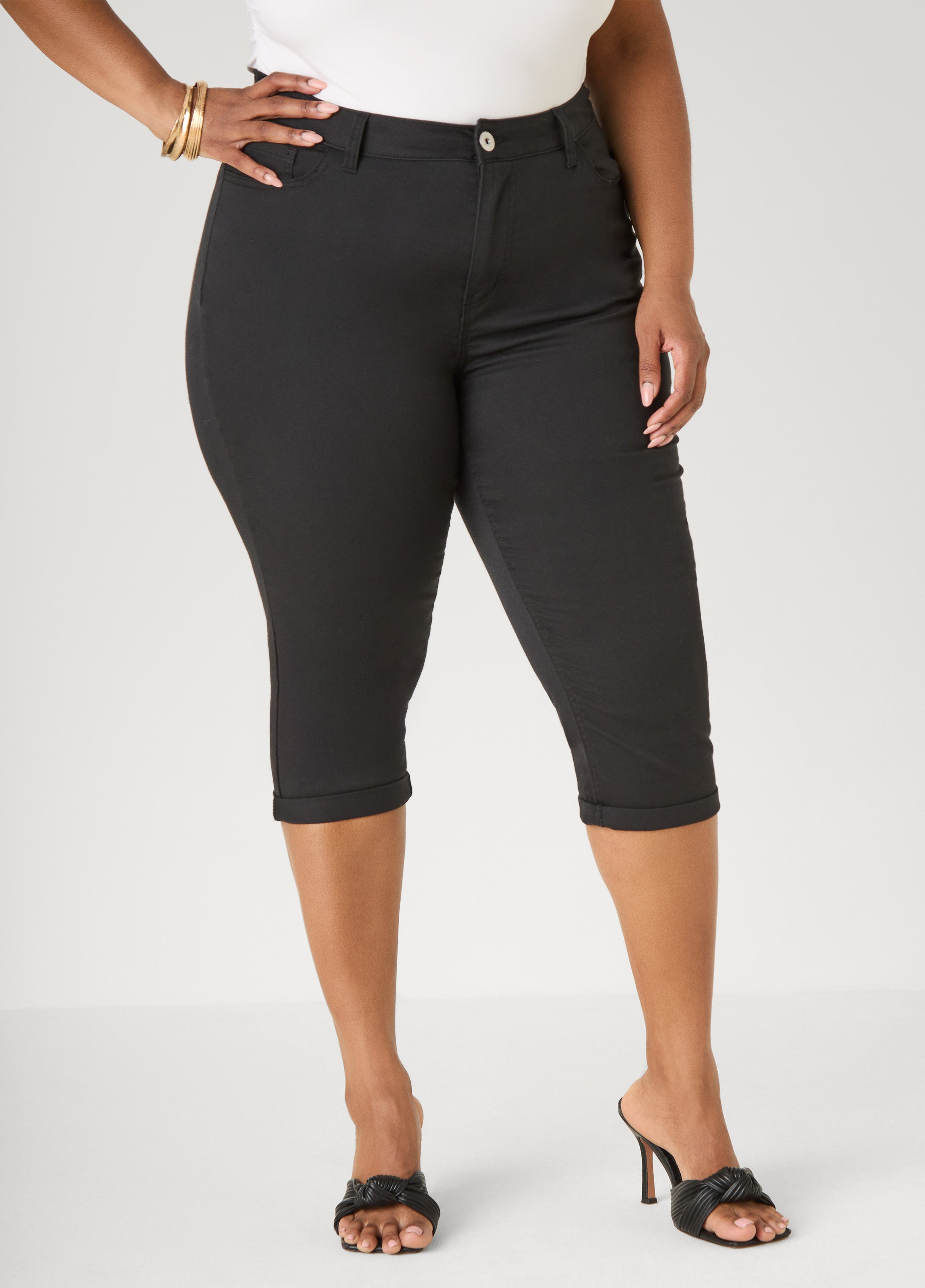 Cuffed Stretch Denim Capris White | Ashley Stewart
