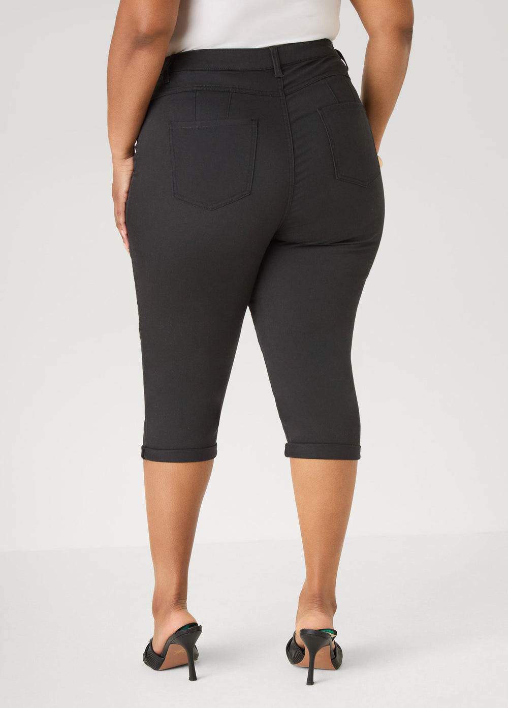 Cuffed Stretch Denim Capris White | Ashley Stewart