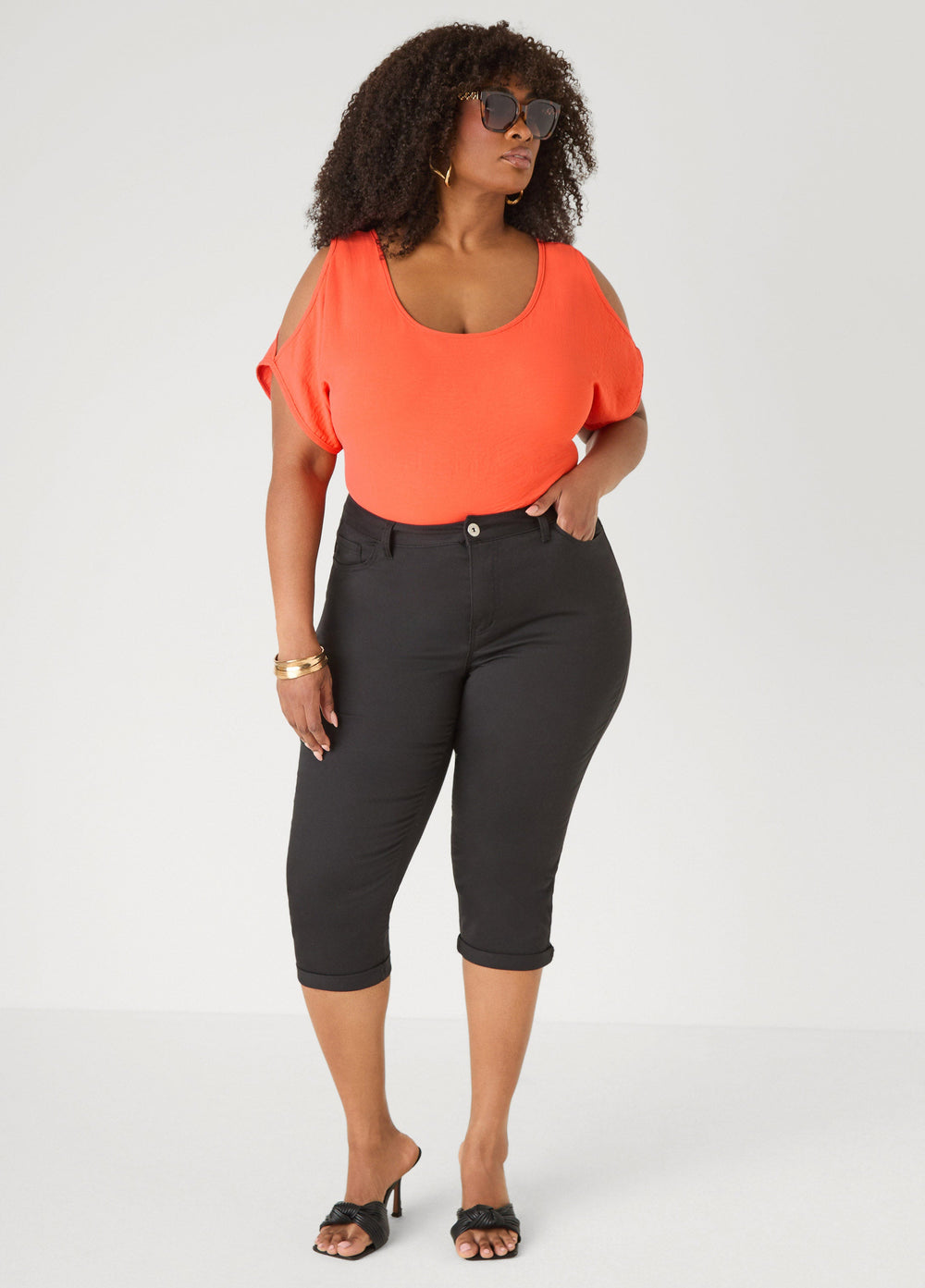 Cuffed Stretch Denim Capris White | Ashley Stewart