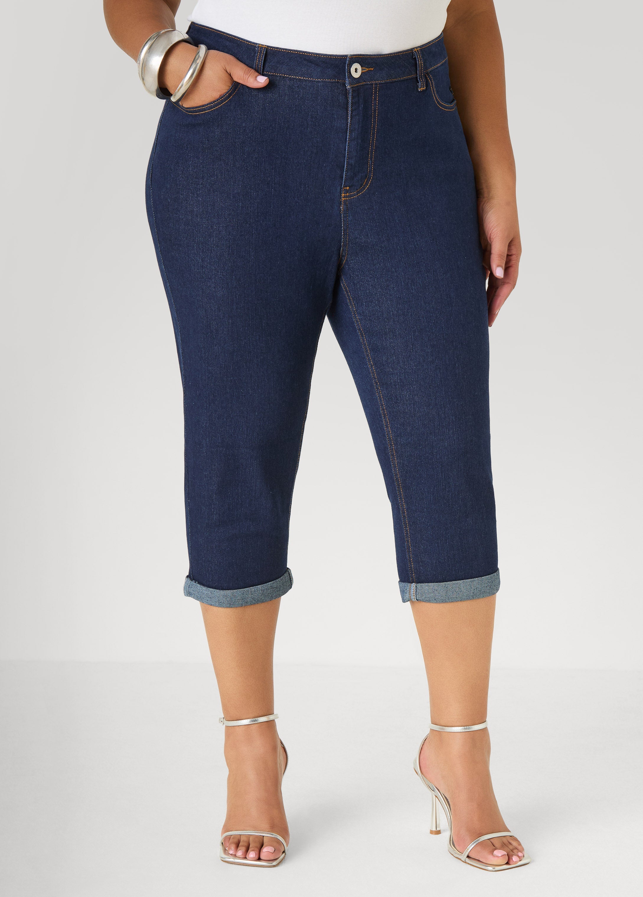 Cuffed Stretch Denim Capris White | Ashley Stewart