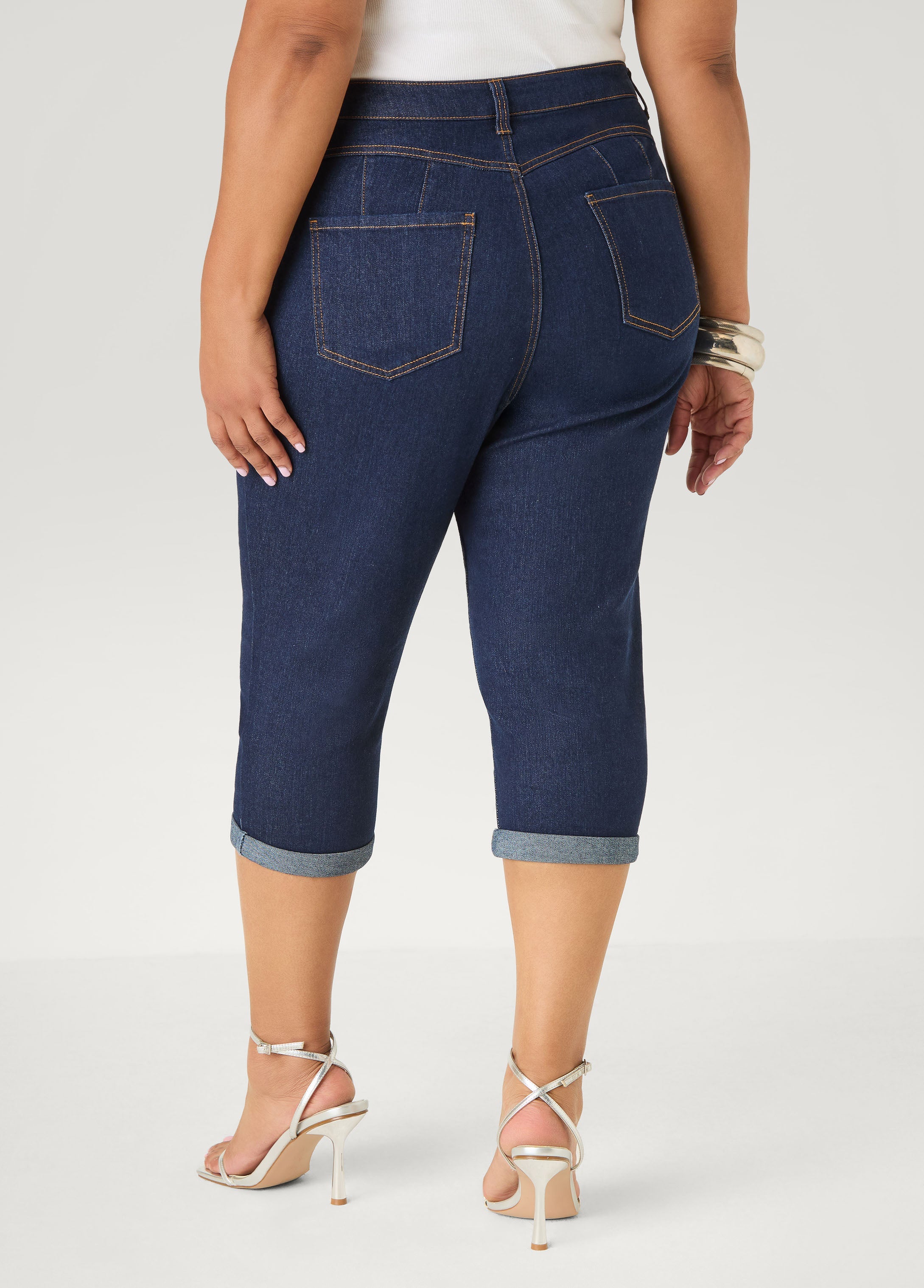 Cuffed Stretch Denim Capris White | Ashley Stewart