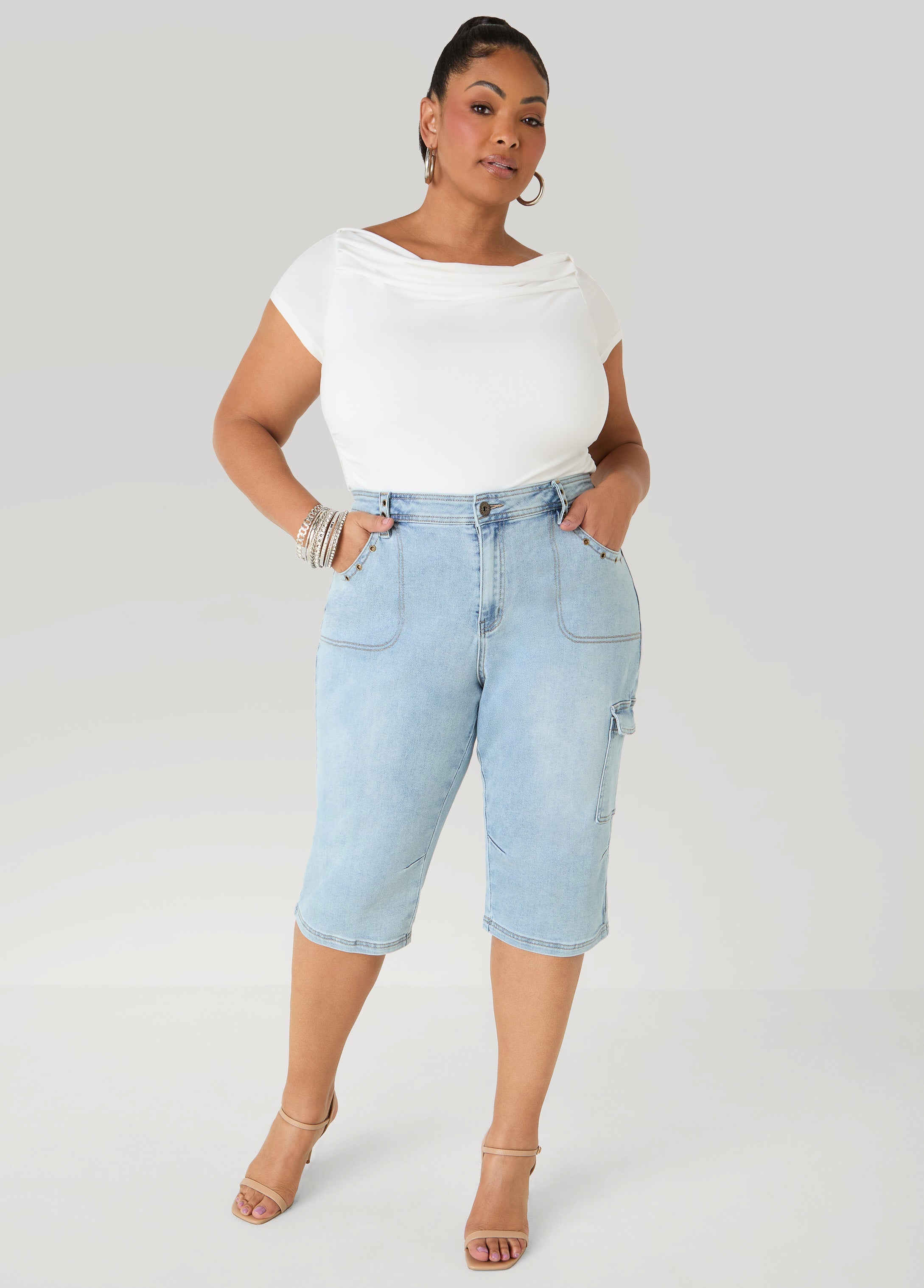 Grommet Denim Capris Denim Blue | Ashley Stewart