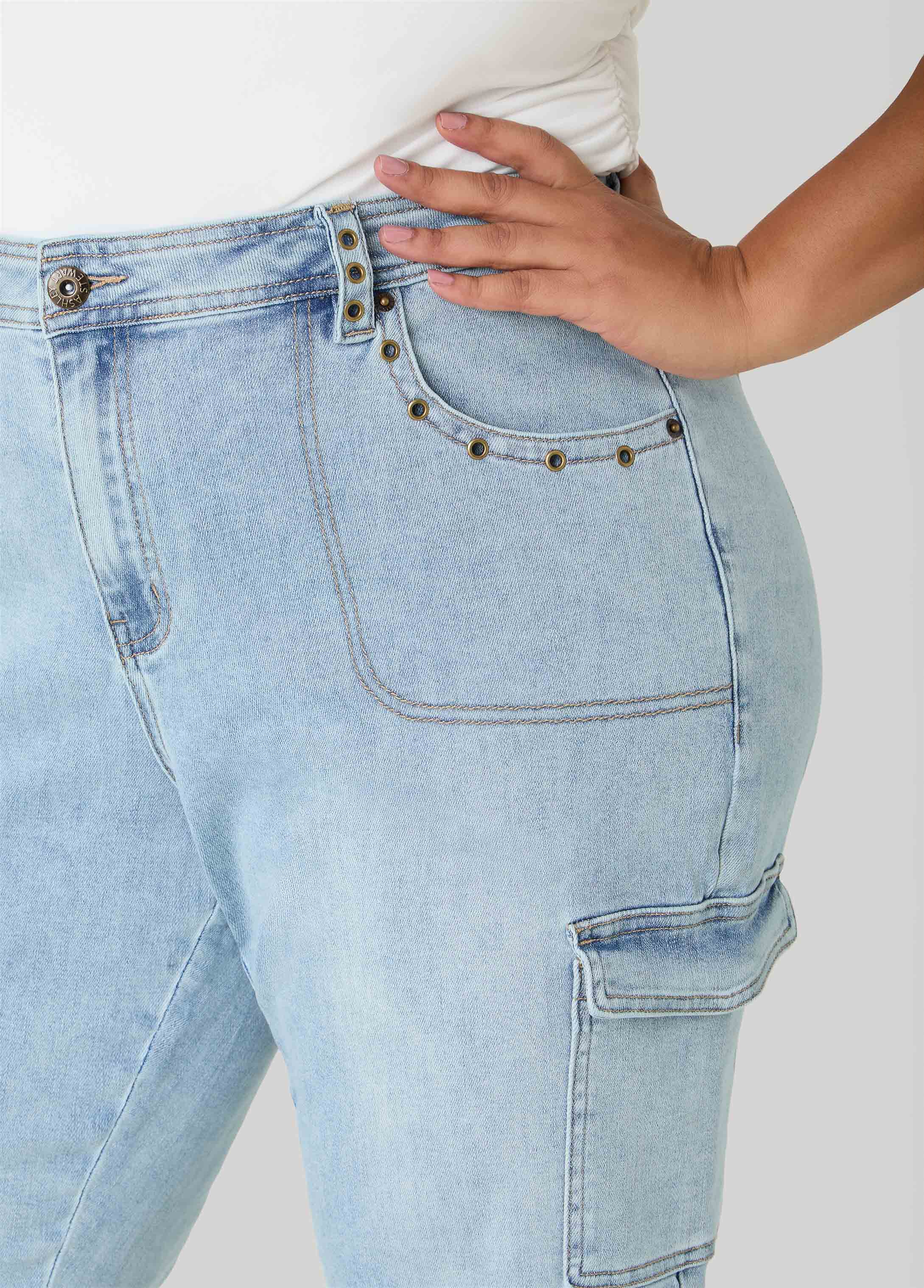 Grommet Denim Capris Denim Blue | Ashley Stewart