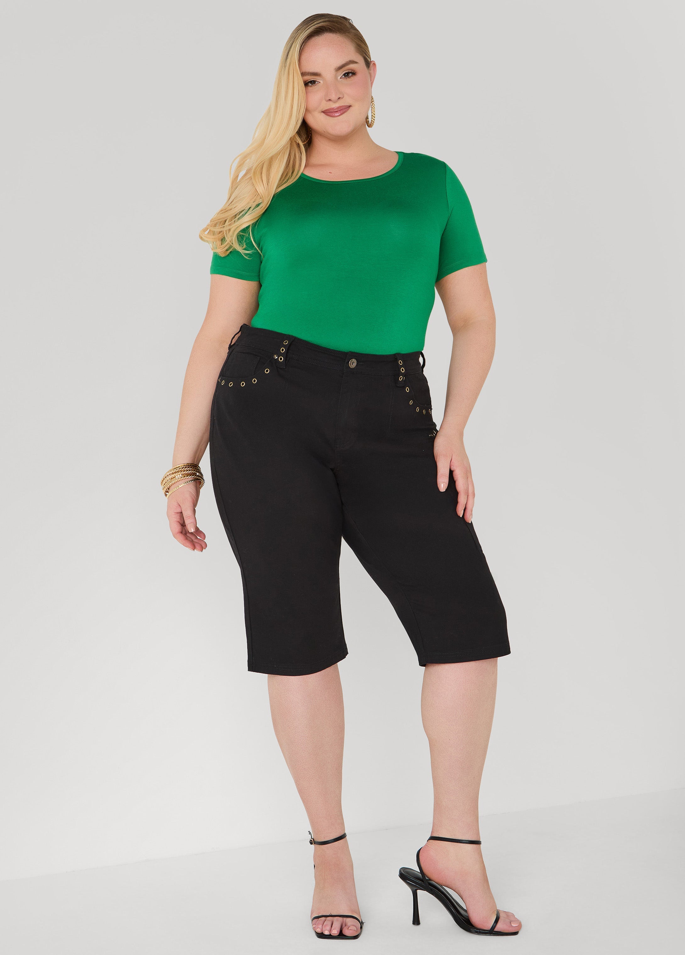 Grommet Denim Capris Denim Blue | Ashley Stewart