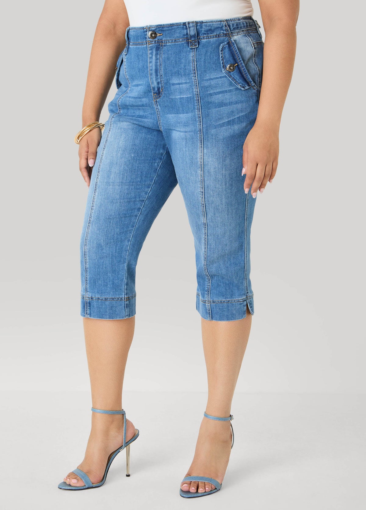 Flap Pocket Seamed Denim Capris Medium Blue | Ashley Stewart