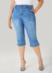 Flap Pocket Seamed Denim Capris Medium Blue | Ashley Stewart