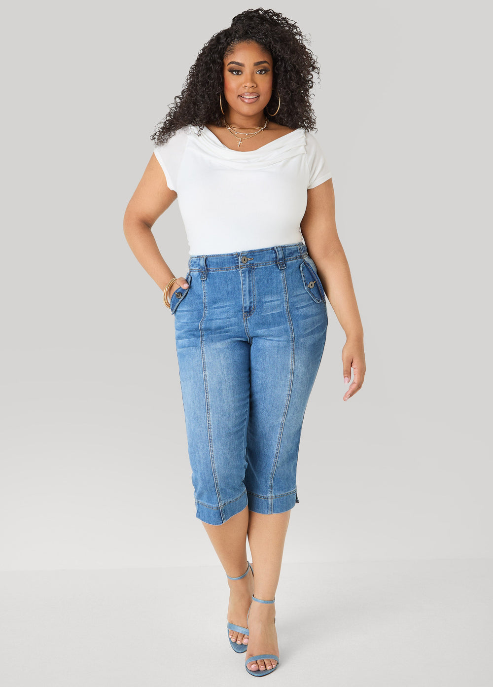 Flap Pocket Seamed Denim Capris Medium Blue | Ashley Stewart
