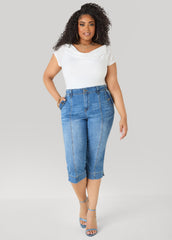Flap Pocket Seamed Denim Capris Medium Blue | Ashley Stewart