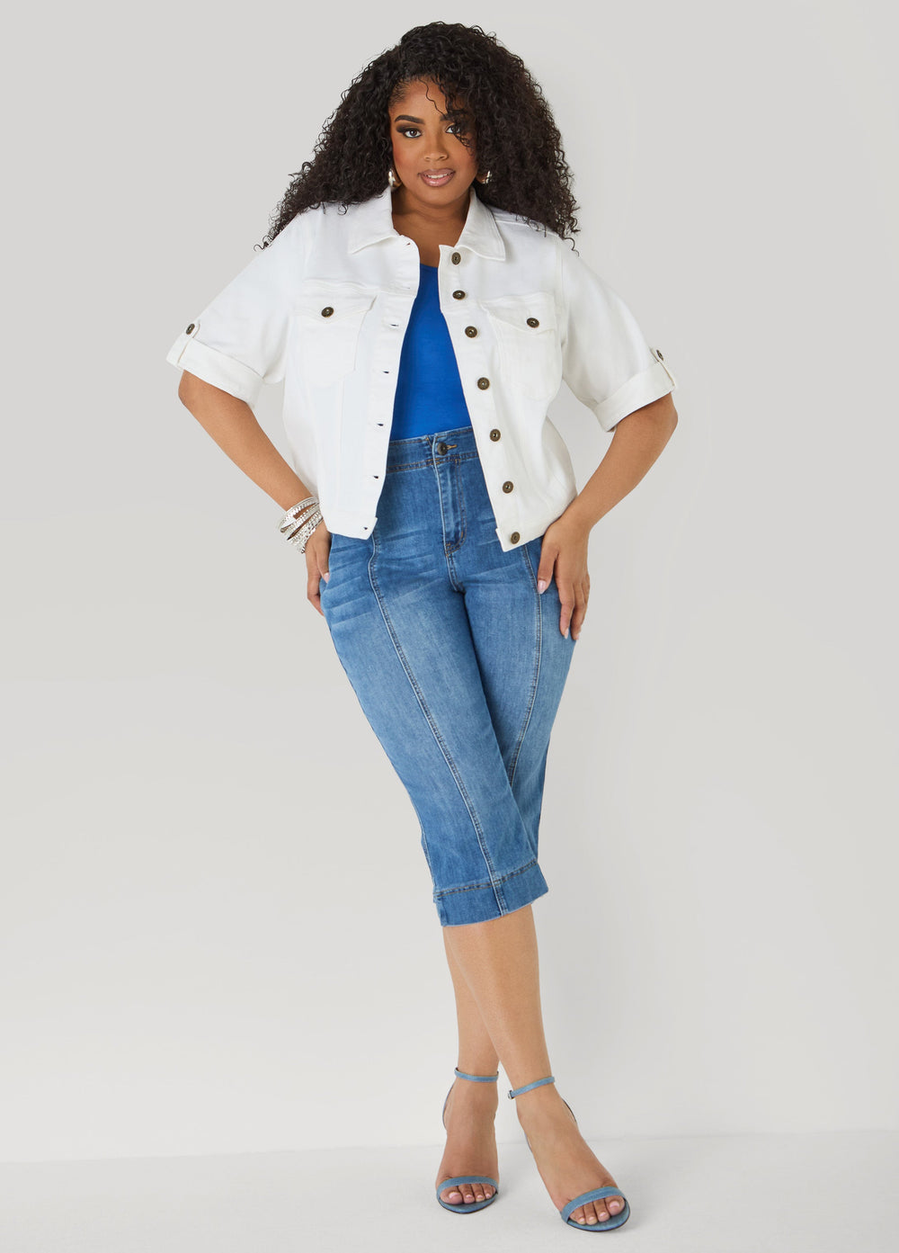 Flap Pocket Seamed Denim Capris Medium Blue | Ashley Stewart