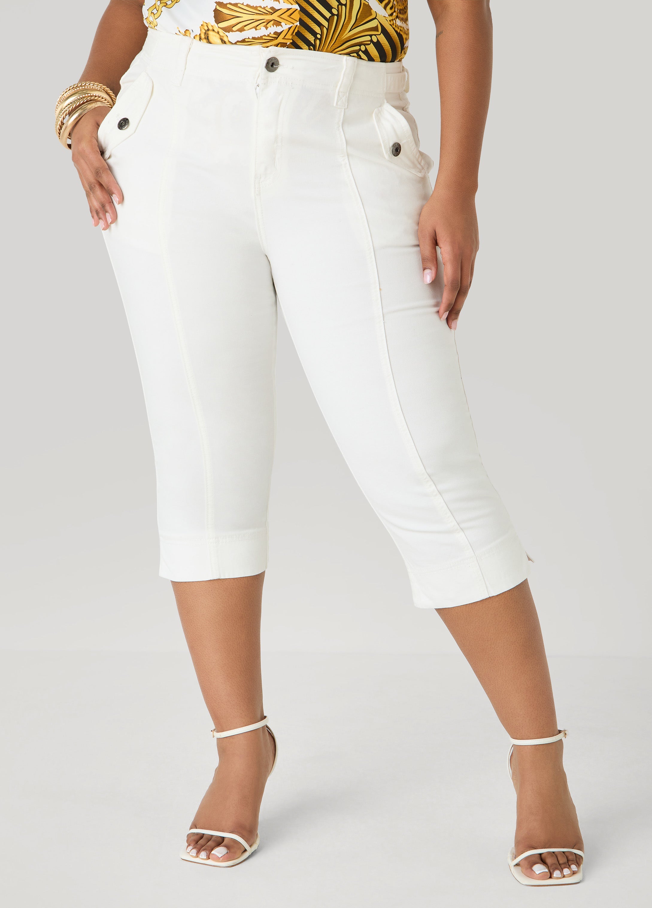 Flap Pocket Seamed Denim Capris Medium Blue | Ashley Stewart