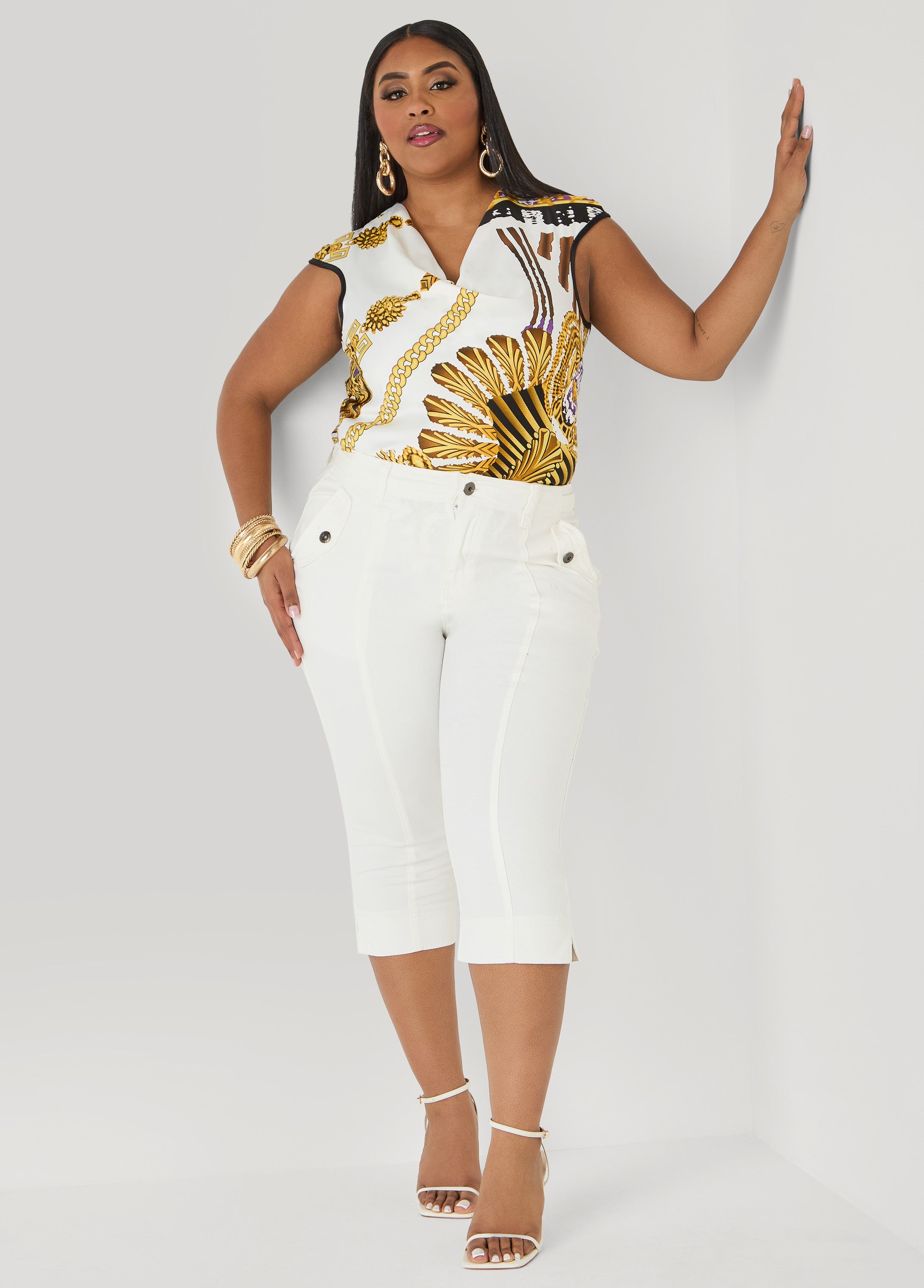 Flap Pocket Seamed Denim Capris Medium Blue | Ashley Stewart