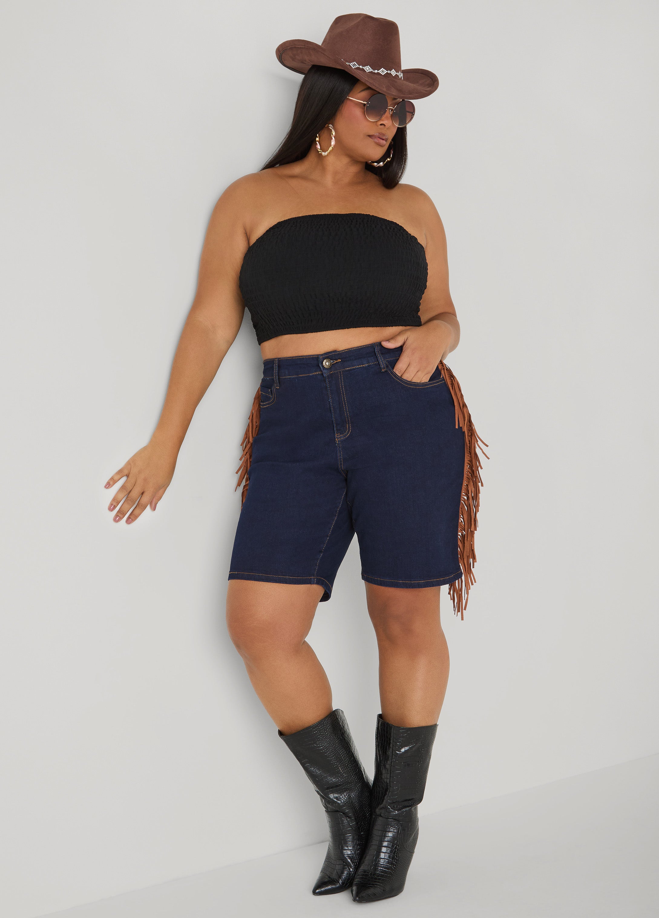 Fringed Denim Shorts Dk Wash | Ashley Stewart