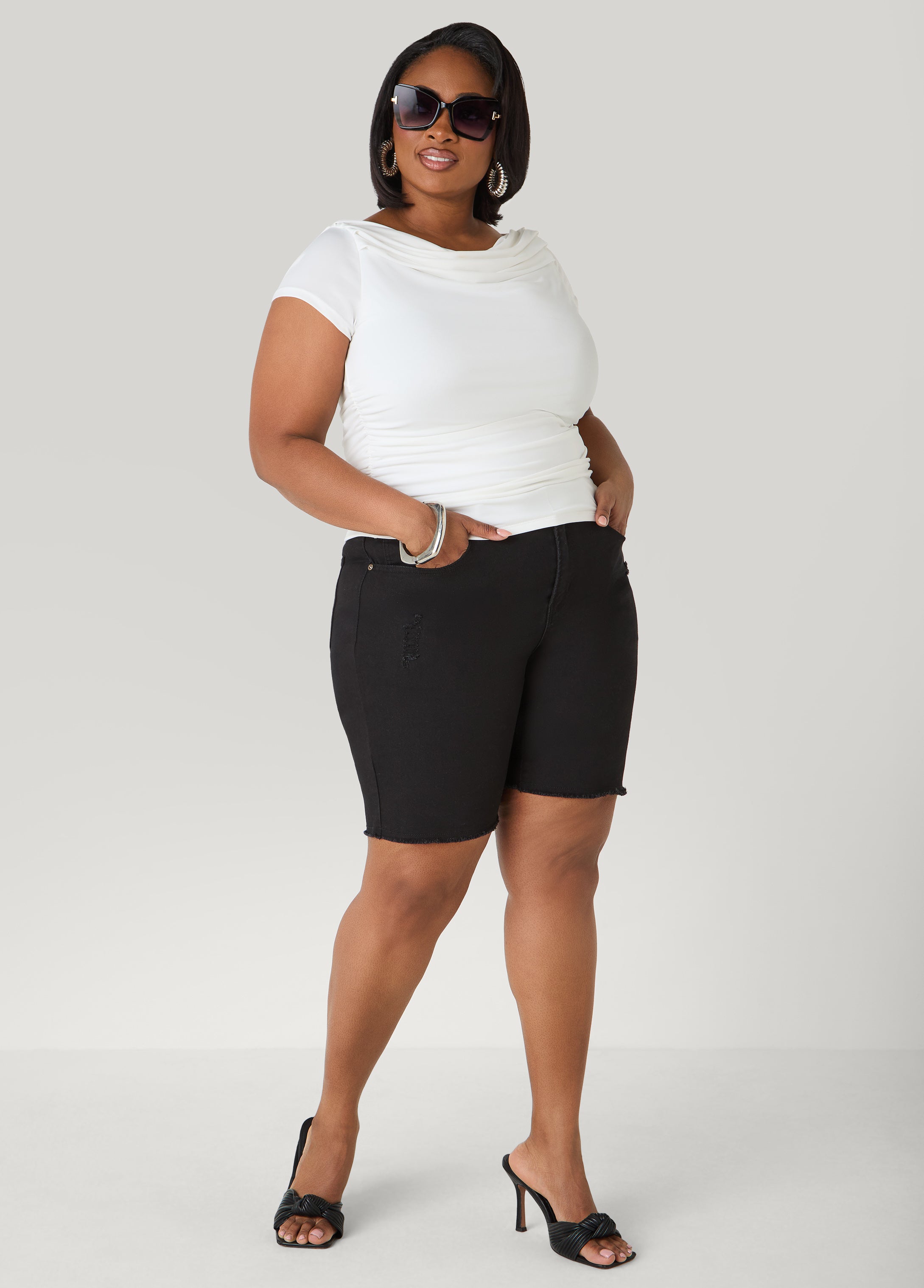 Fearless Distressed High Waist Denim Shorts Indigo | Ashley Stewart