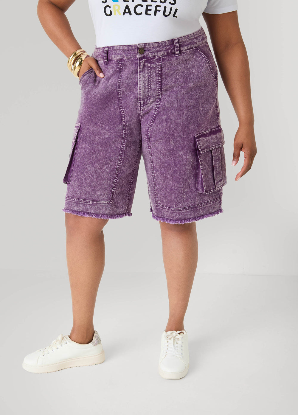 Stonewash Cargo Bermuda Shorts Pansy | Ashley Stewart